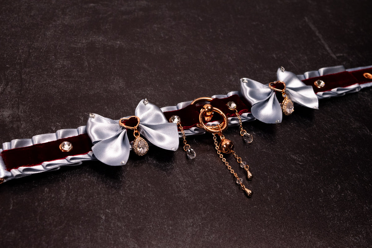 12.5" - 15" - "VALMONT" - French Blue, Burgundy Velvet & Rose Gold Luxury Collar