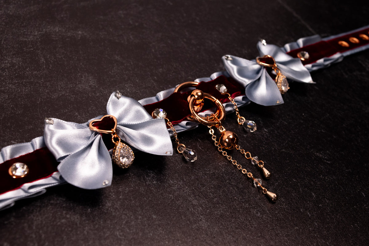 12.5" - 15" - "VALMONT" - French Blue, Burgundy Velvet & Rose Gold Luxury Collar