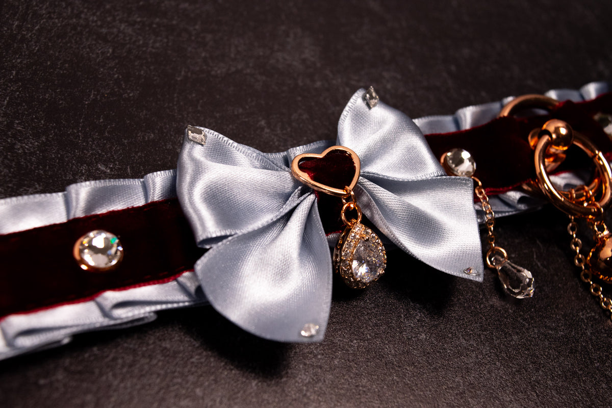 12.5" - 15" - "VALMONT" - French Blue, Burgundy Velvet & Rose Gold Luxury Collar