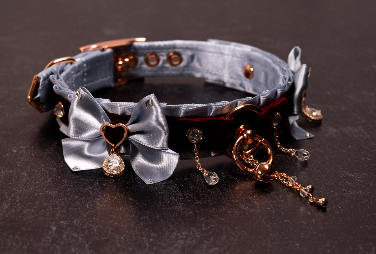 12.5" - 15" - "VALMONT" - French Blue, Burgundy Velvet & Rose Gold Luxury Collar
