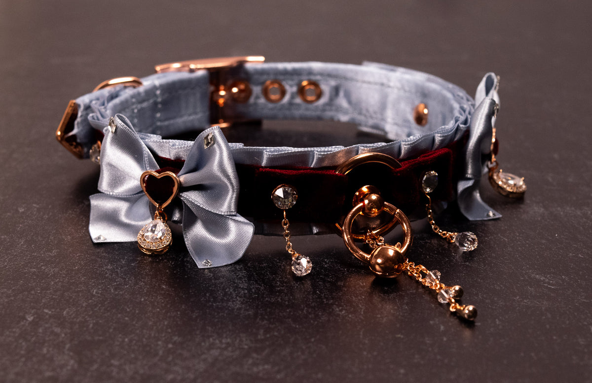 12.5" - 15" - "VALMONT" - French Blue, Burgundy Velvet & Rose Gold Luxury Collar