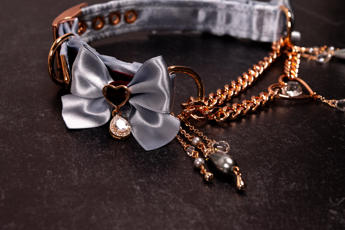 12" - 14.5" - "VALMONT" - French Blue, Burgundy Velvet & Rose Gold Luxury Martingale Collar