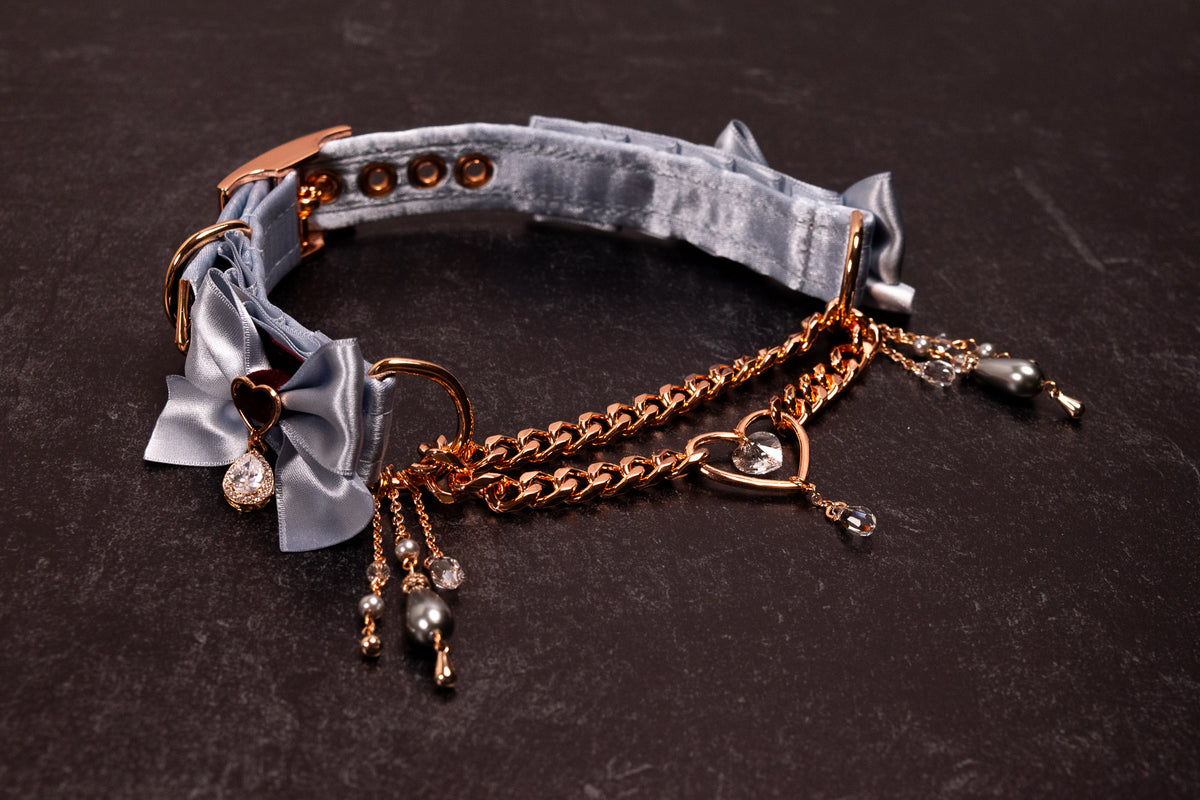 12" - 14.5" - "VALMONT" - French Blue, Burgundy Velvet & Rose Gold Luxury Martingale Collar