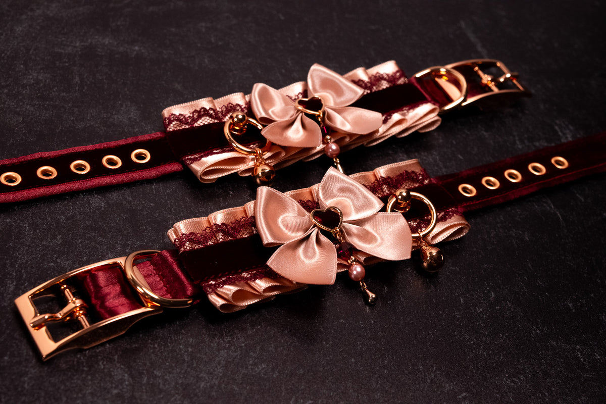 "SADIE" - 6" - 8" Rose Gold & Burgundy Velvet Lace Cuffs