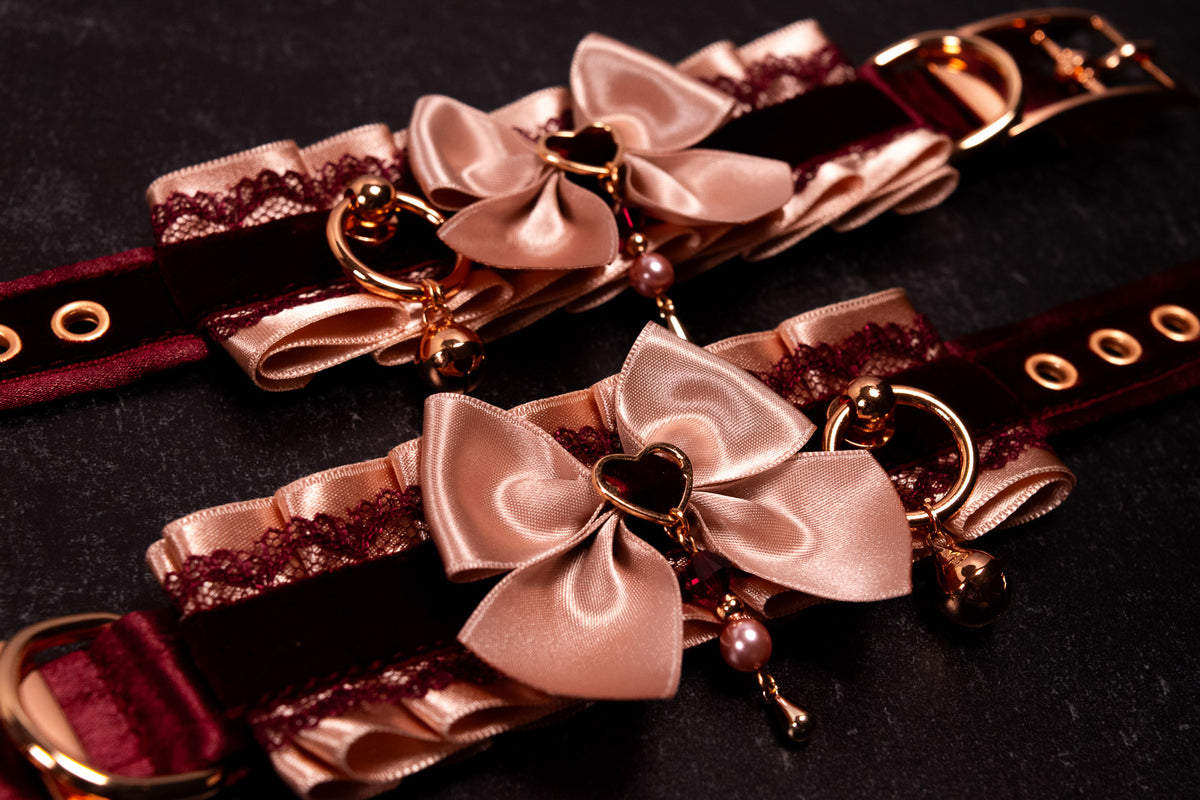 "SADIE" - 6" - 8" Rose Gold & Burgundy Velvet Lace Cuffs