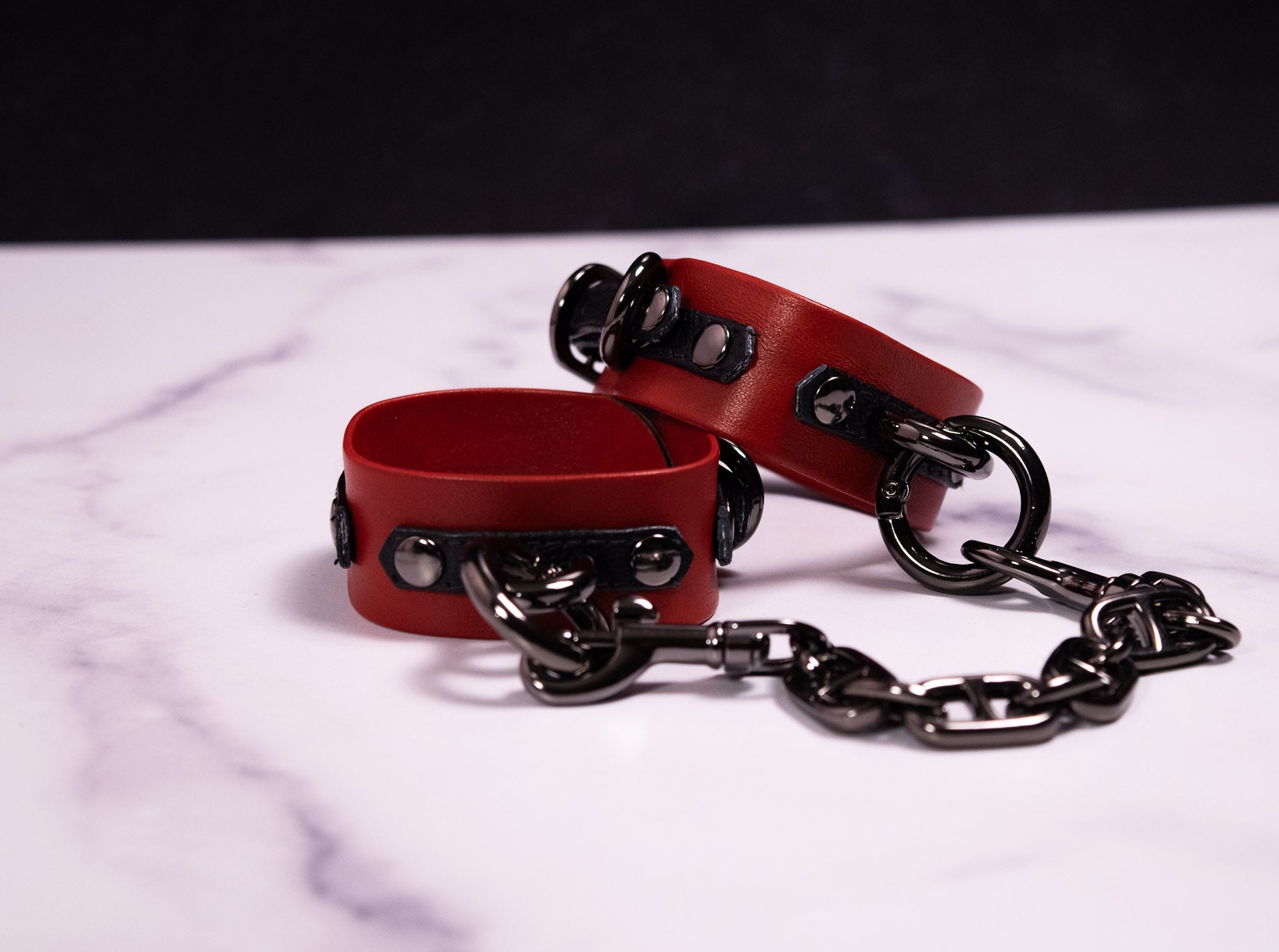 6" - 8" Gunmetal Black & Red Leather Cuffs _ LIMITED _