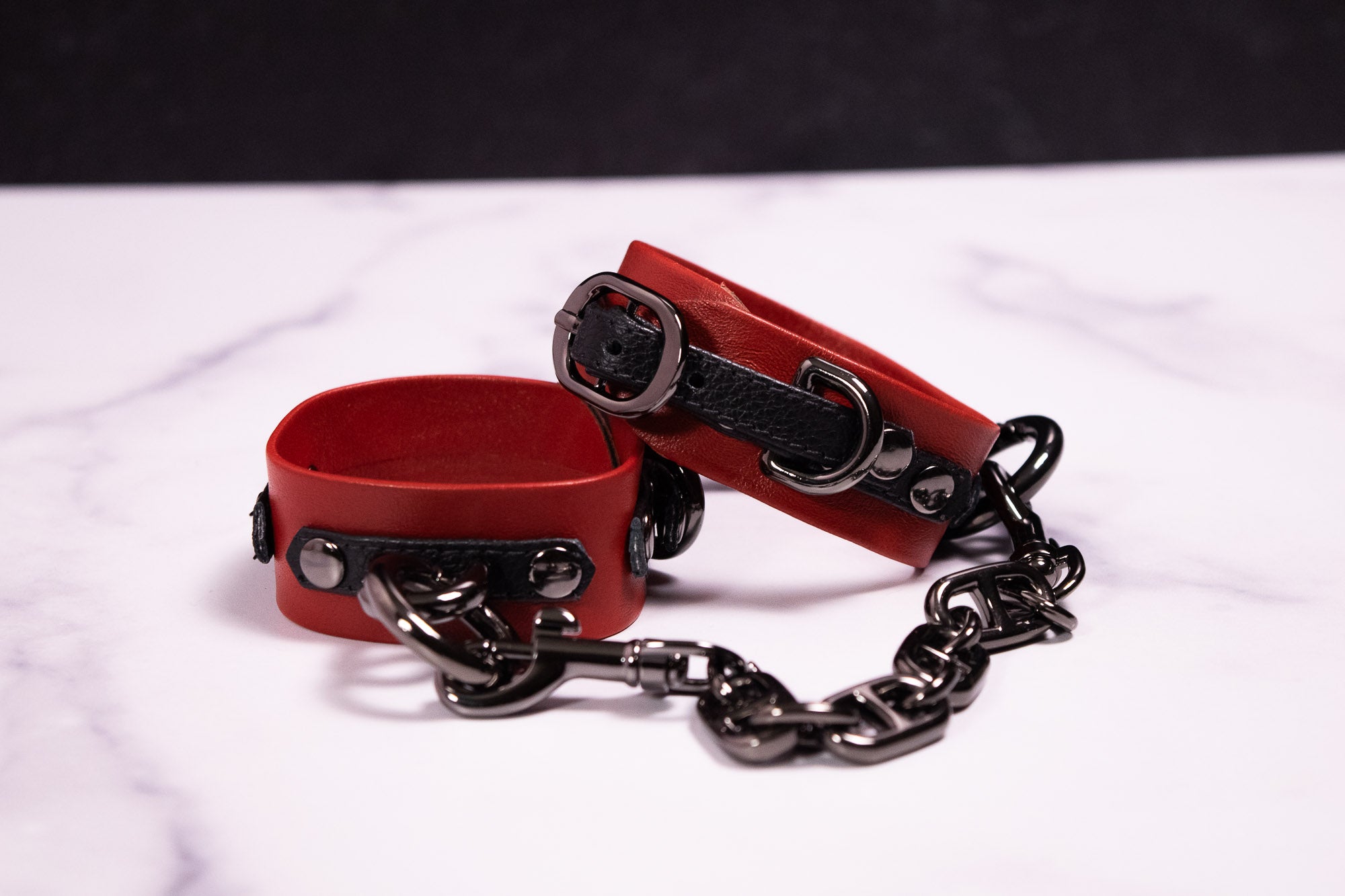 6" - 8" Gunmetal Black & Red Leather Cuffs _ LIMITED _