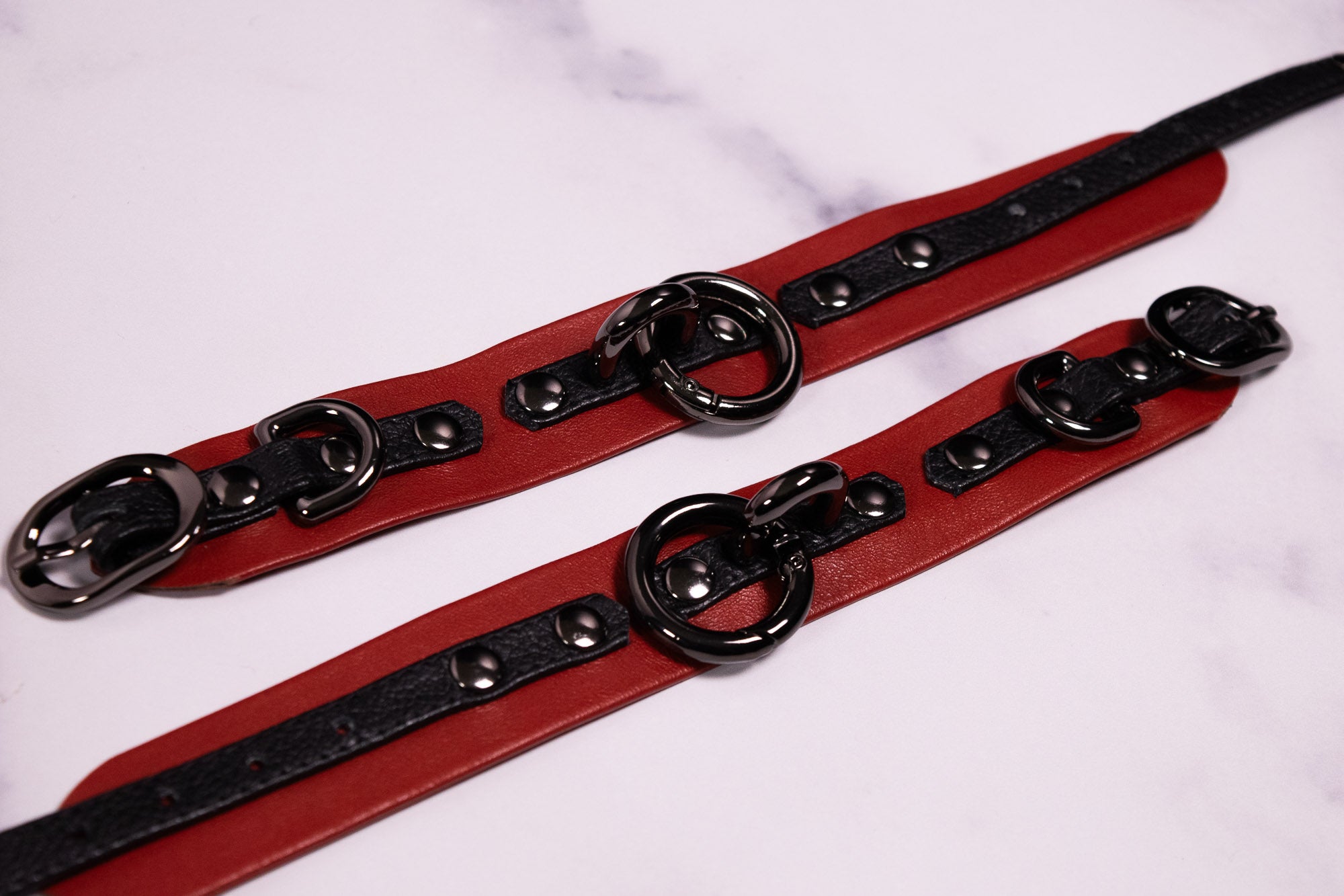 6" - 8" Gunmetal Black & Red Leather Cuffs _ LIMITED _