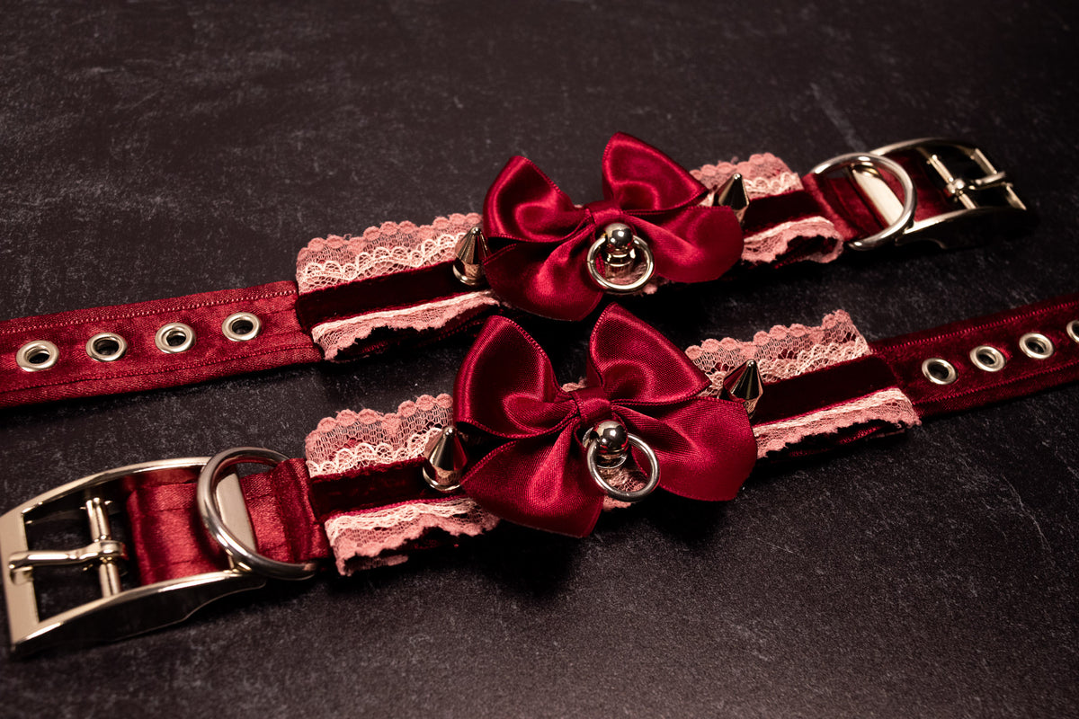 "House of Thorns" - 6" - 8" Burgundy Velvet Lace Spiked Cuffs in Silver