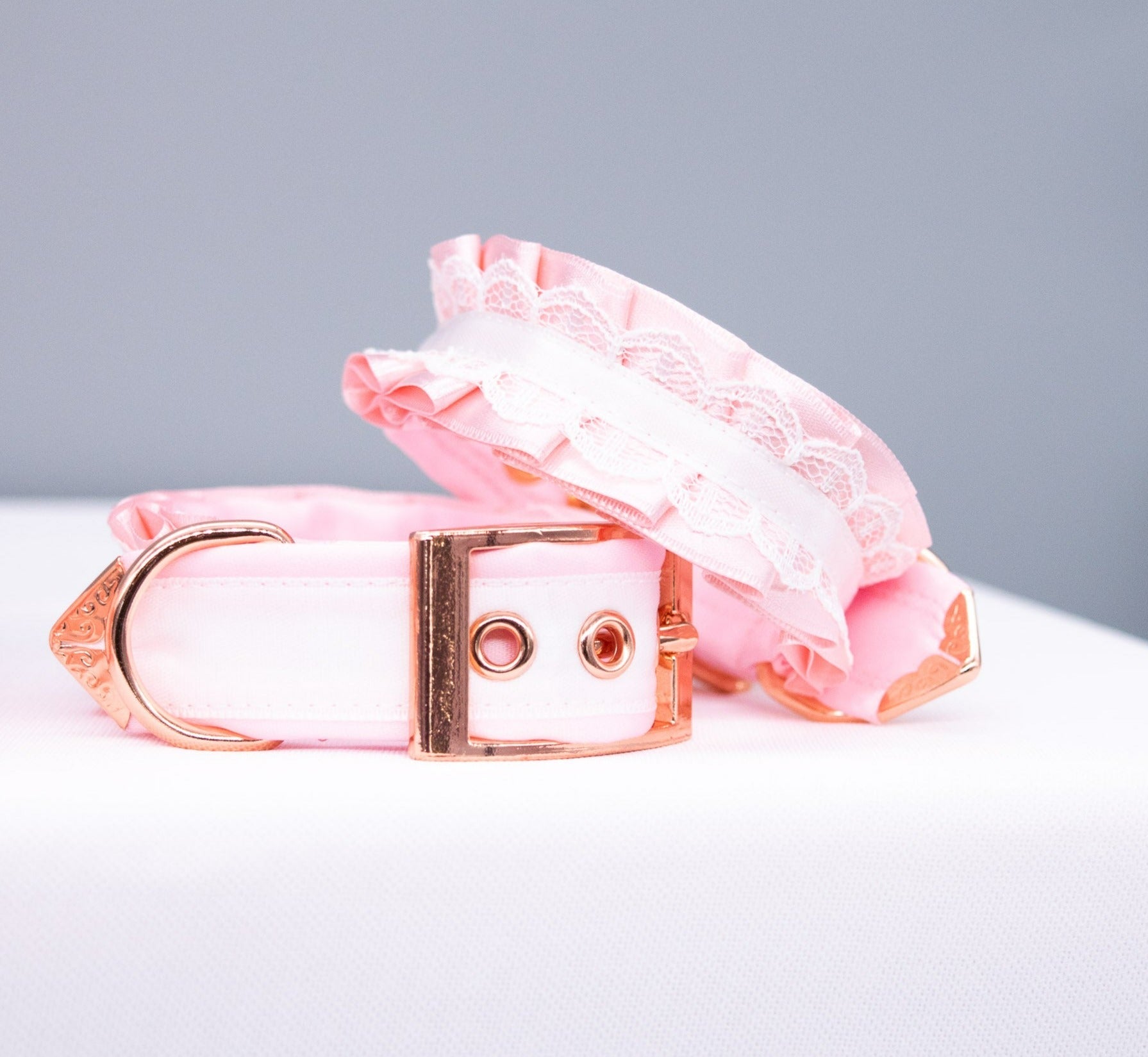 6" - 8" Pink and White Lace - Rose Gold BDSM Cuffs