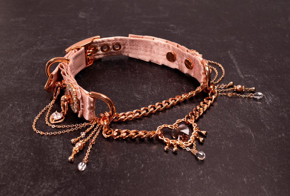 "MARGOT" - 12.5" - 14.5" - Dusty Rose Lace & Rose Gold Luxury Martingale Collar