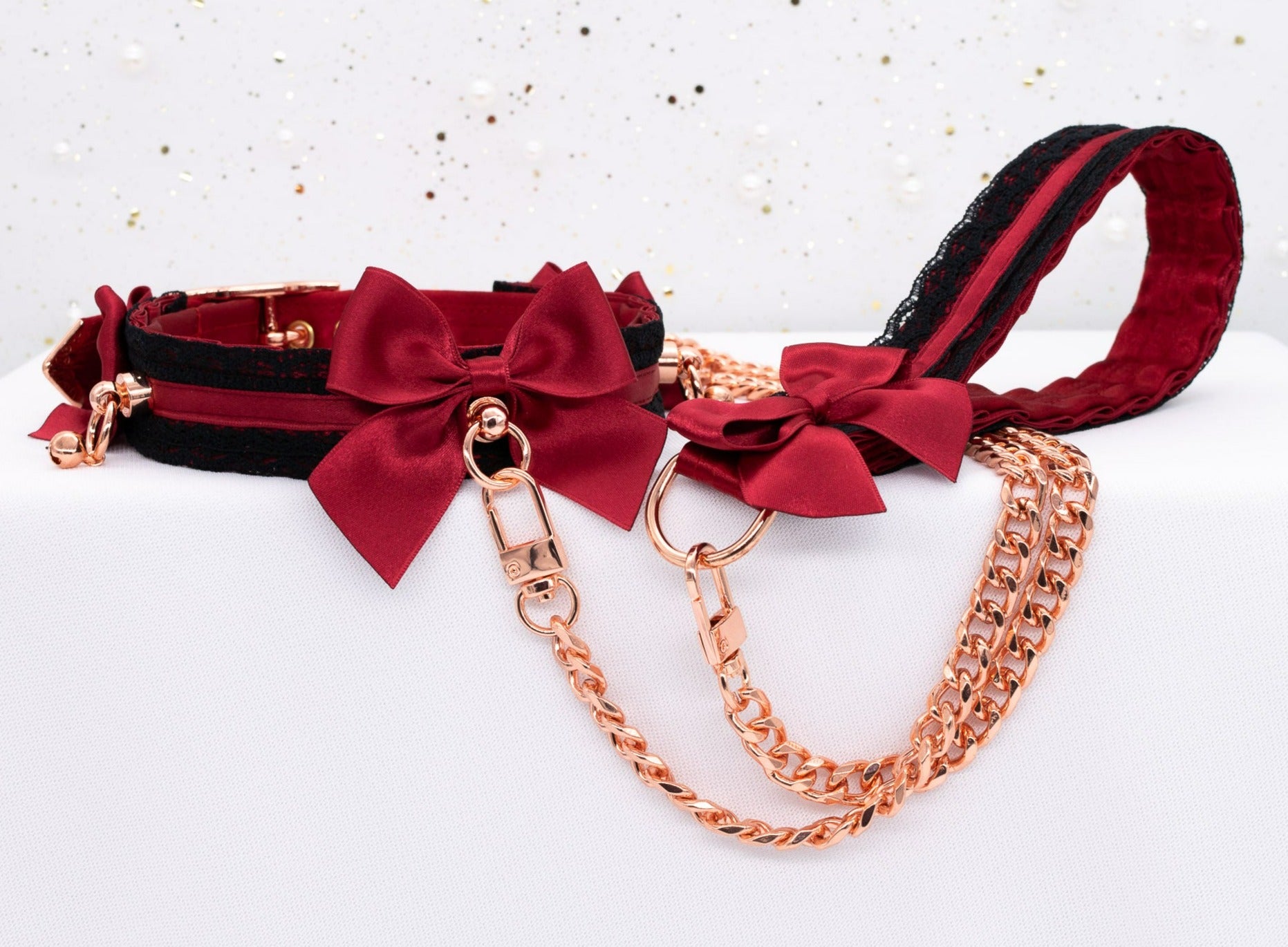 Crimson and Black Lace Collar and Leash Set in Rose Gold