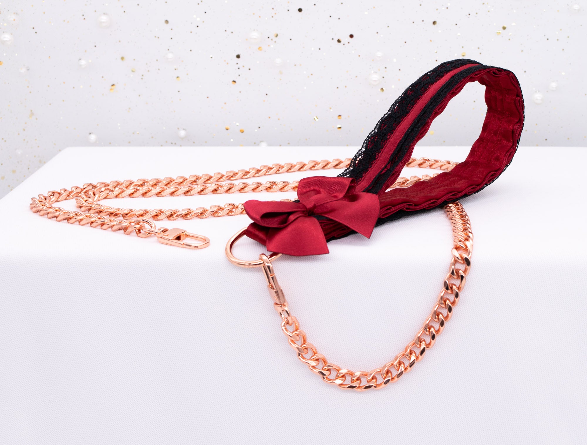 Crimson and Black Lace Luxury BDSM Leash in Rose Gold