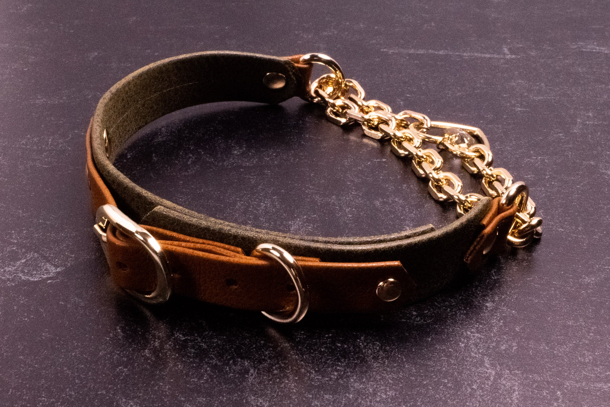 "The Huntsman" - 12.5" - 15" Tan & Olive Bark Leather Martingale Collar _ LIMITED _