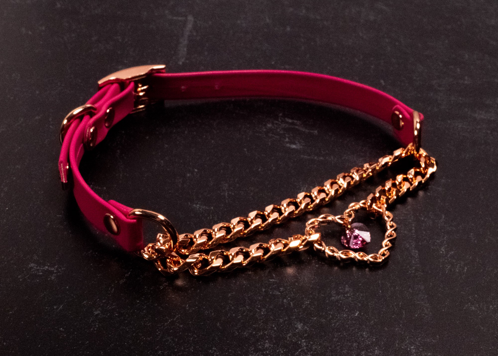 12.5" - 15" Raspberry & Rose Gold Chained Crystal Heart Martingale Collar _ LIMITED _