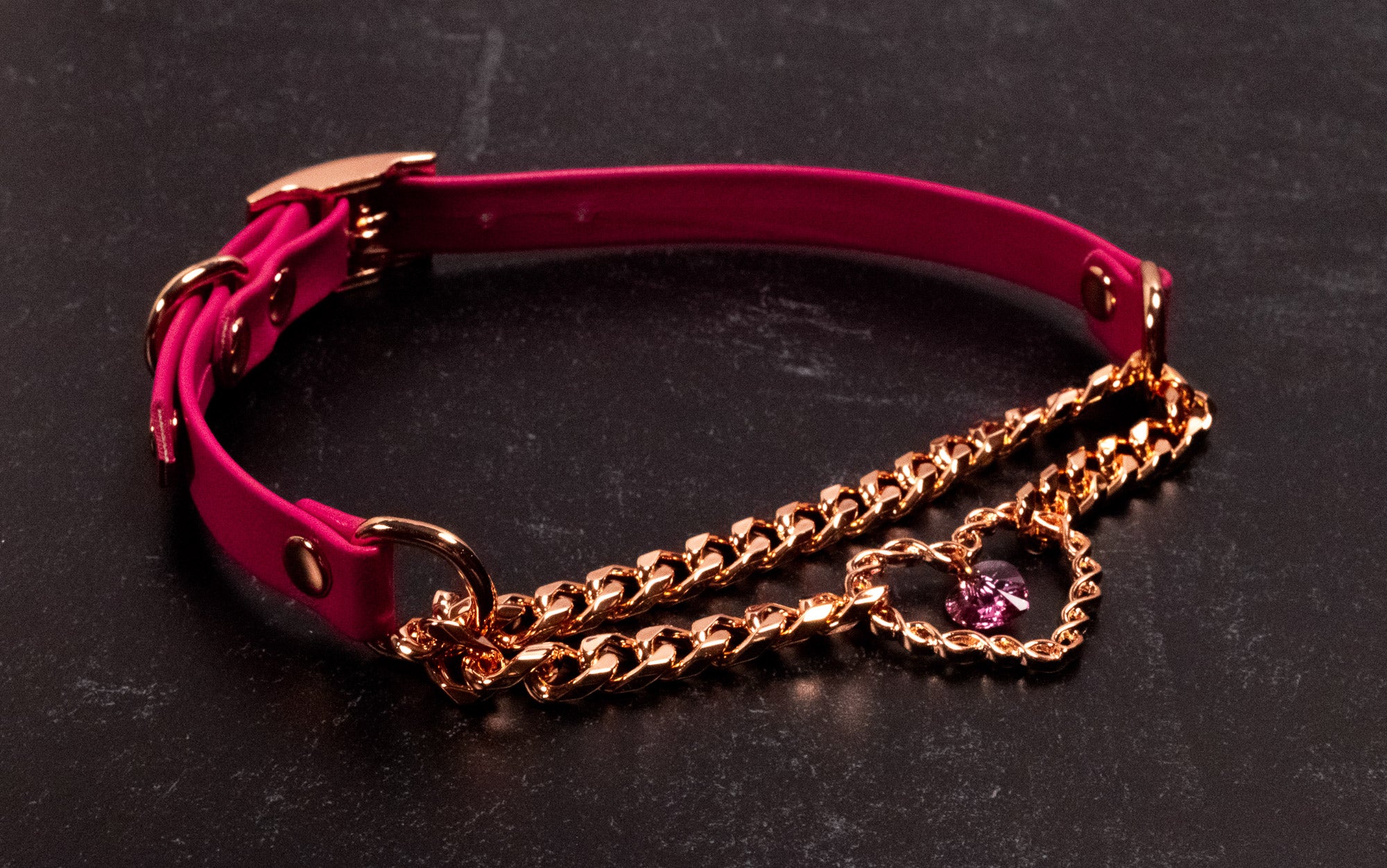 12.5" - 15" Raspberry & Rose Gold Chained Crystal Heart Martingale Collar _ LIMITED _