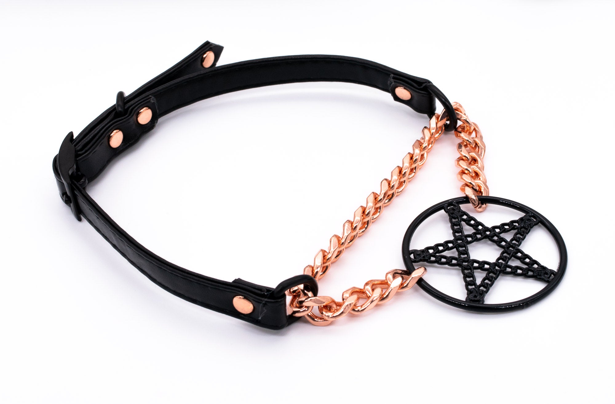 3/8" Black Inverted Pentacle Vegan Leather Martingale Collar in Rose Gold and Black
