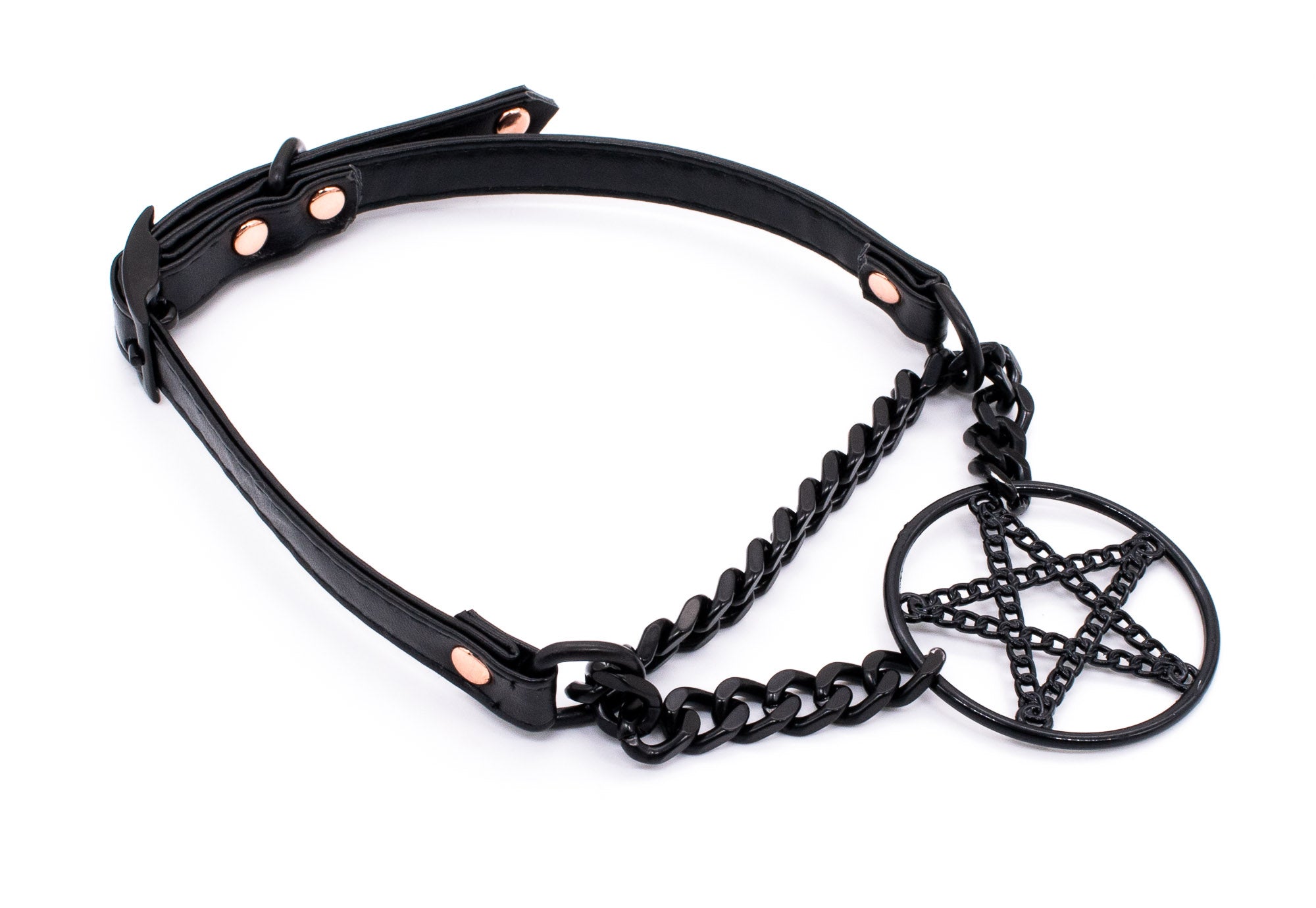 3/8" Black Inverted Pentagram Vegan Leather Martingale Collar in Rose Gold and Black