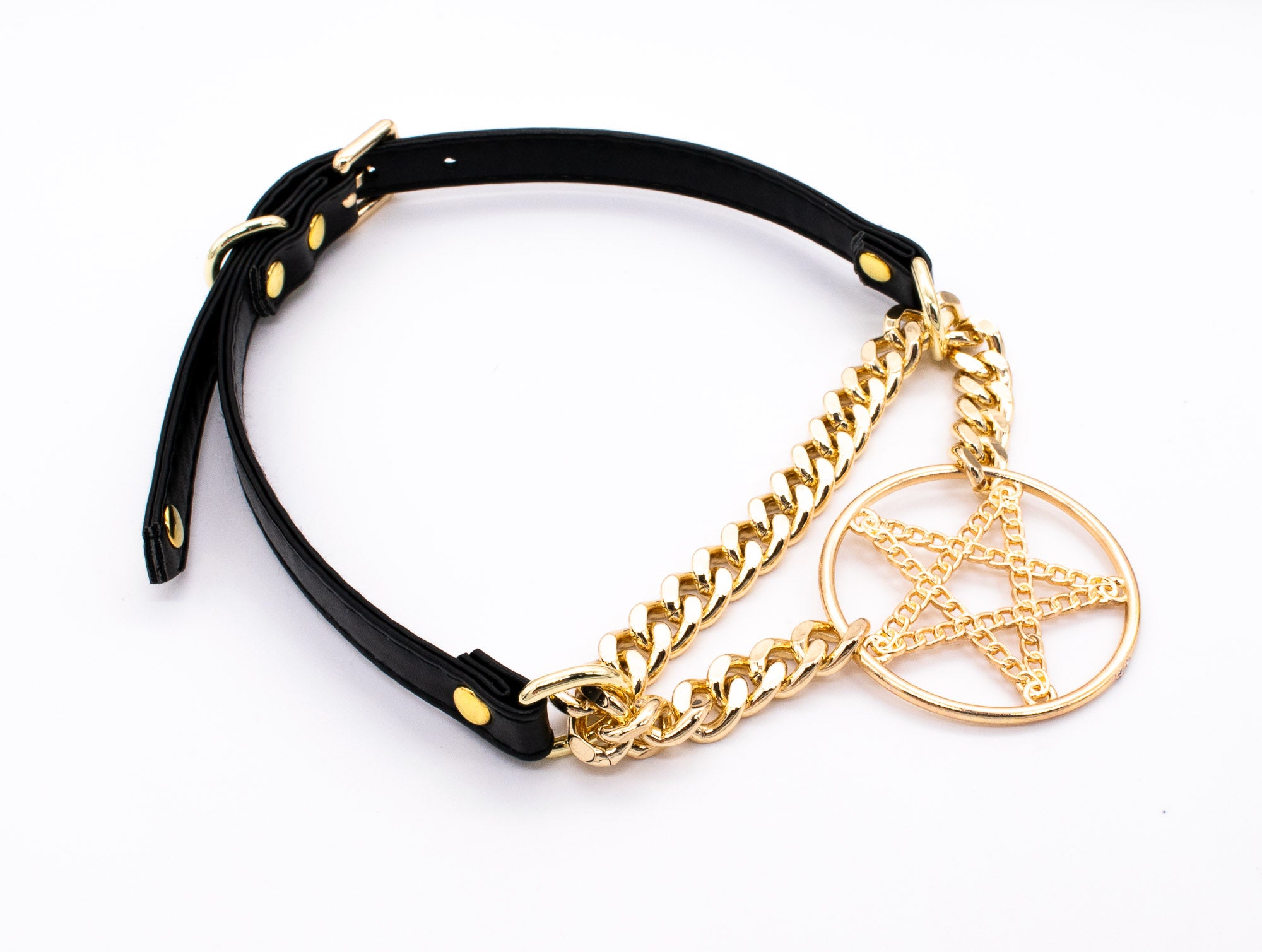 3/8" Black Pentagram Vegan Leather Martingale Collar in Gold