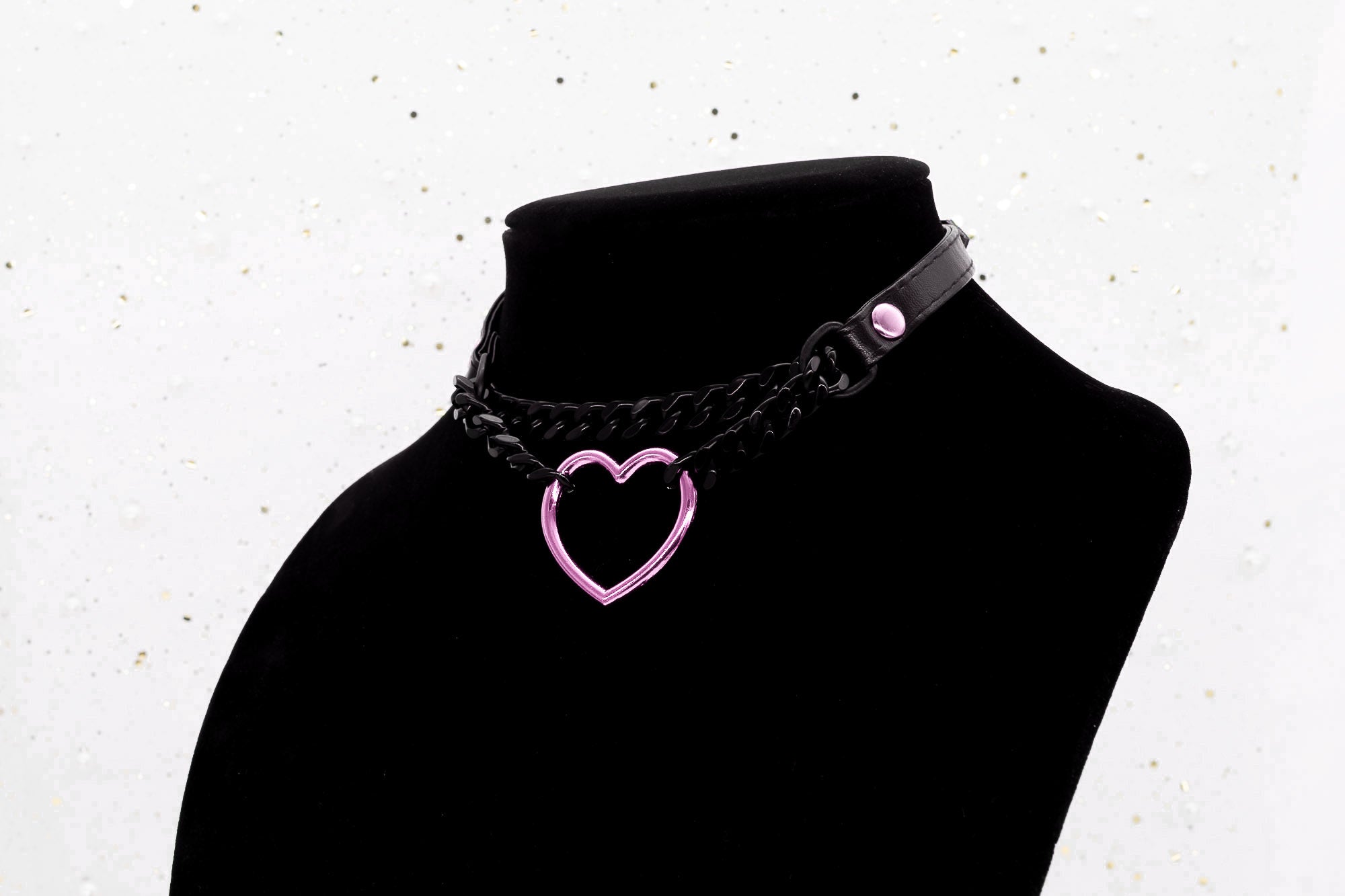 3/8" Pink Heart Ring Black Vegan Leather Martingale Collar
