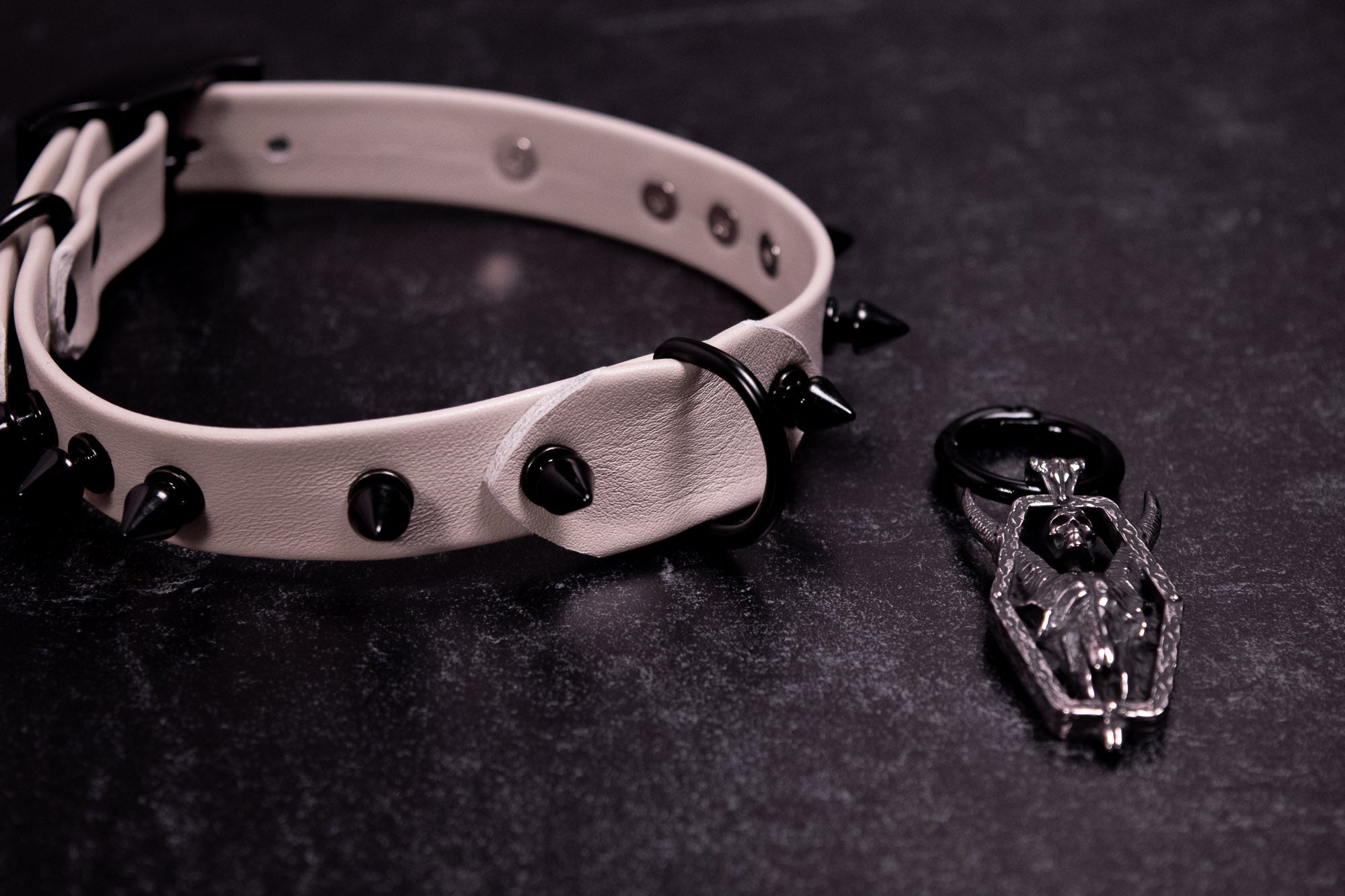 12.5" - 15" Spiked Matte Black & Mushroom Leather Collar _ LIMITED _