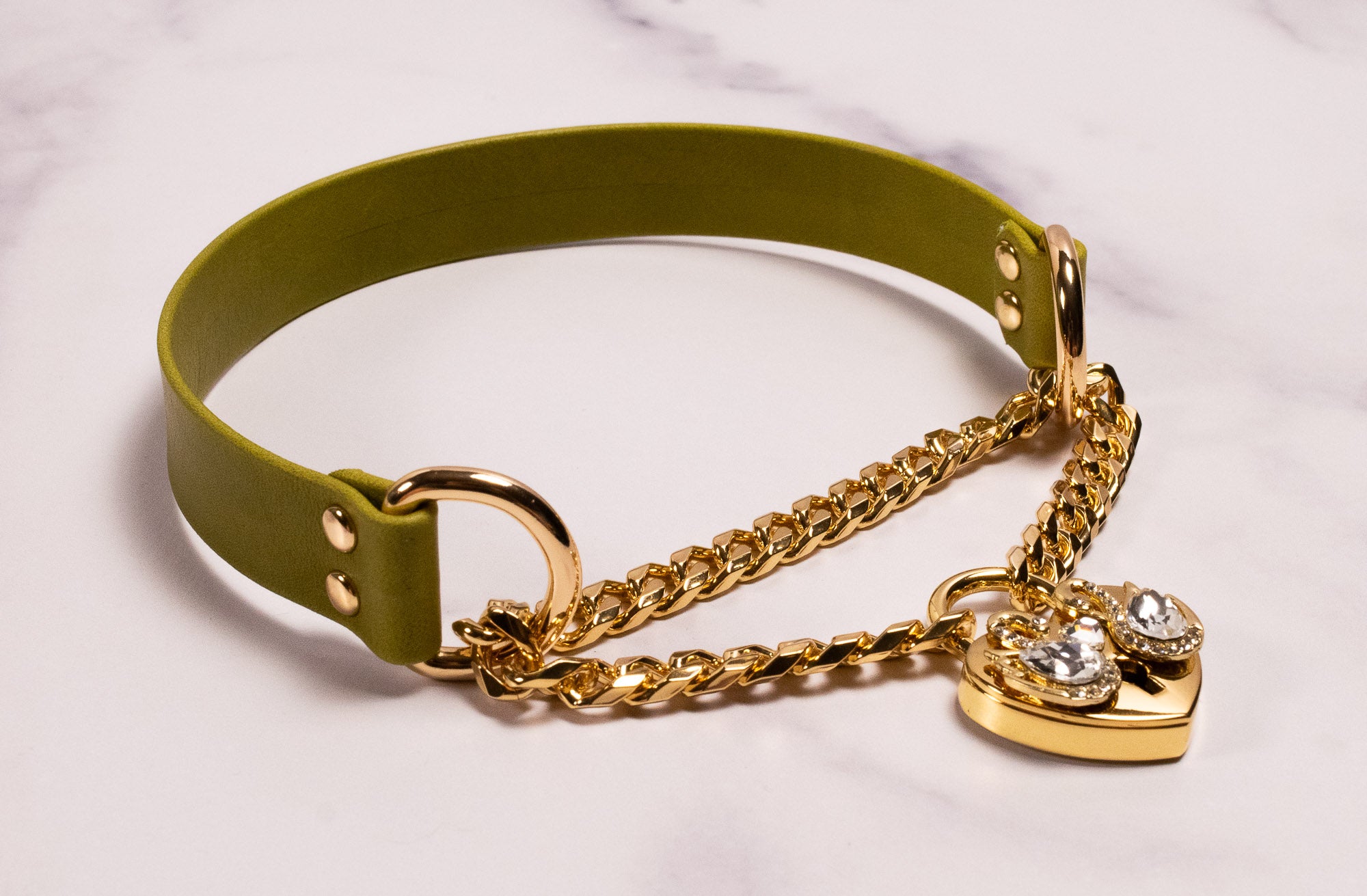 "Swan Dance" - 13" Gold & Moss Leather Heart Locking Martingale Collar _ LIMITED _