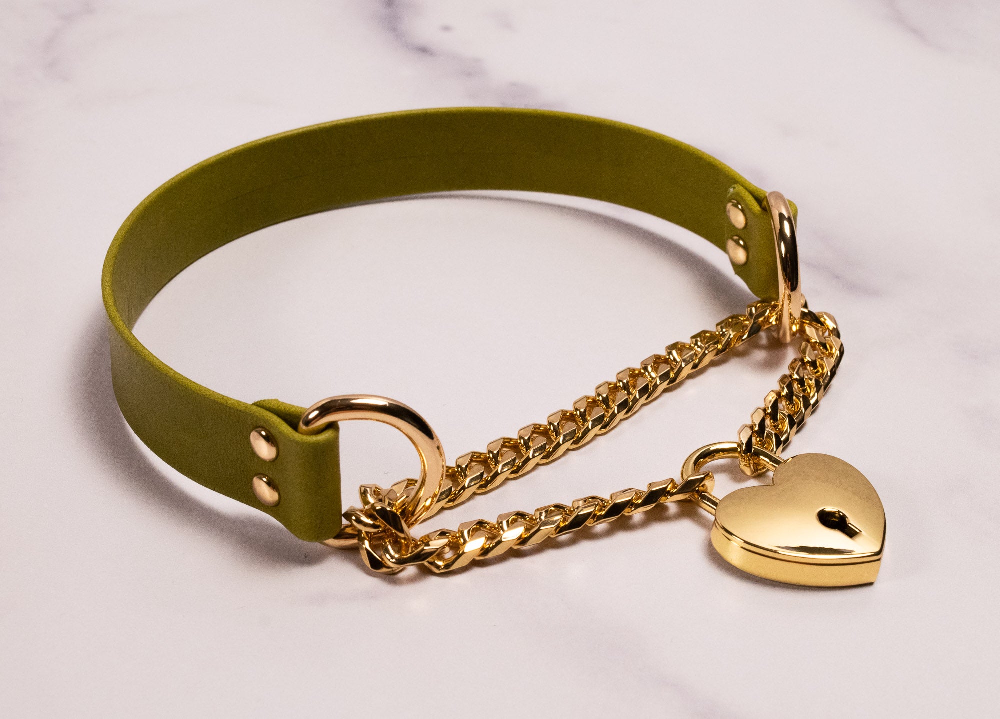13" Gold & Moss Leather Heart Locking Martingale Collar _ LIMITED _