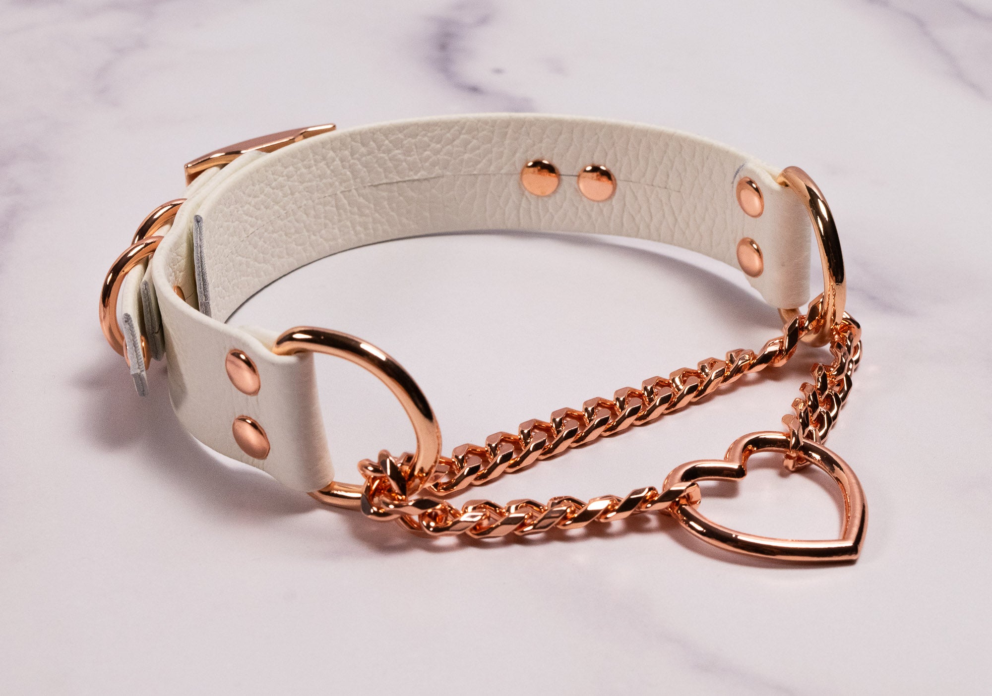 12.5" - 15.5" Rose Gold & White Leather Heart Martingale Collar _ LIMITED _