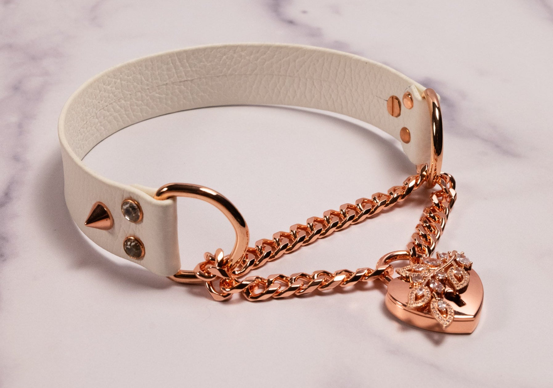 "Fae" - Rose Gold & White Leather Heart Locking Martingale Collar _ LIMITED _