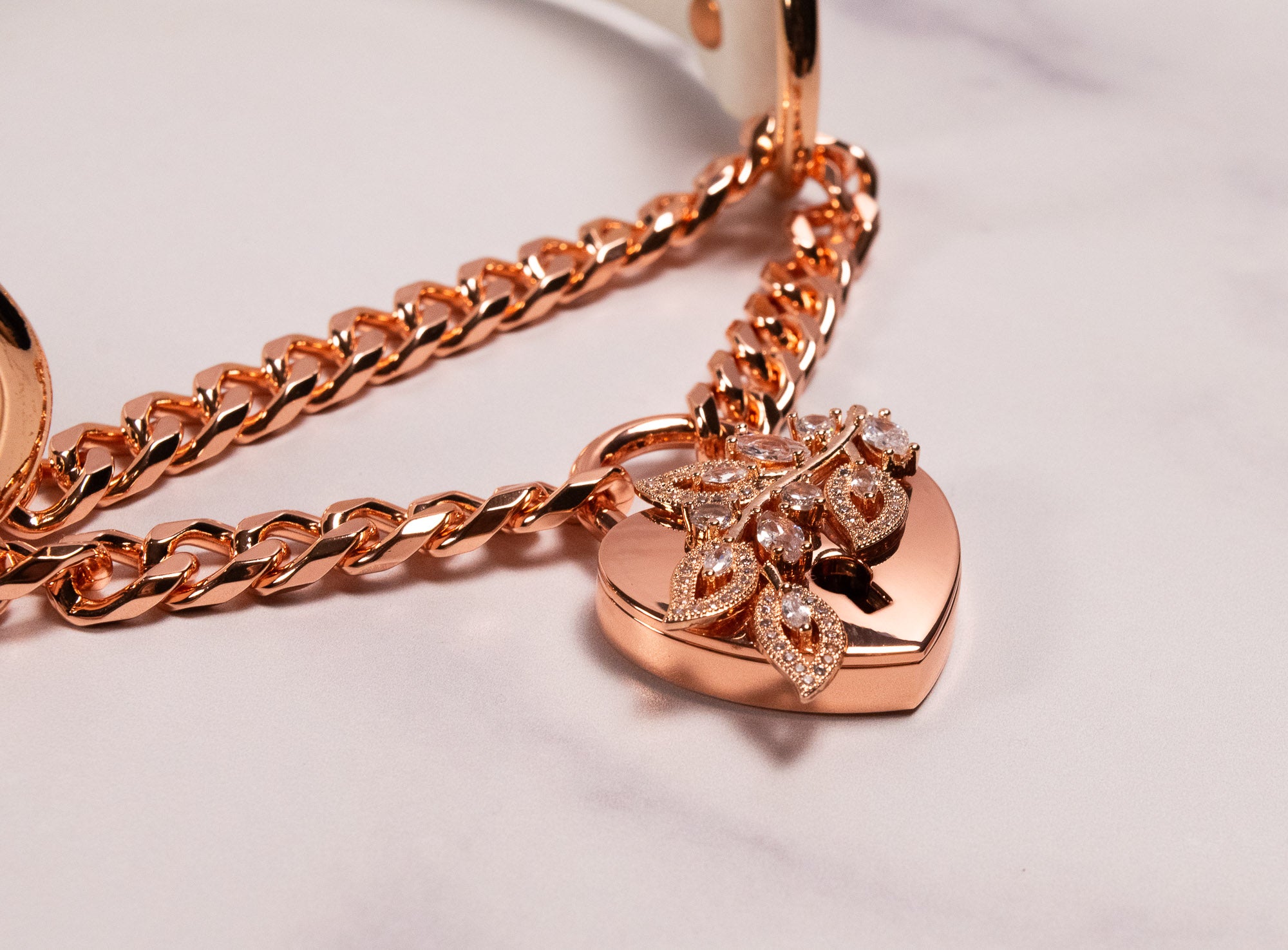 "Fae" - Rose Gold & White Leather Heart Locking Martingale Collar _ LIMITED _