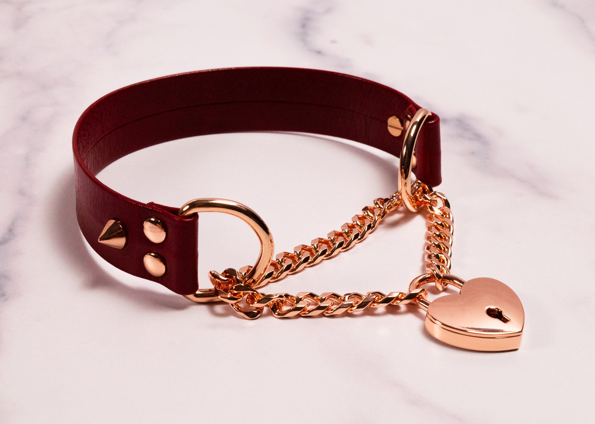13" Rose Gold & Cherry Leather Heart Locking Martingale Collar _ LIMITED _