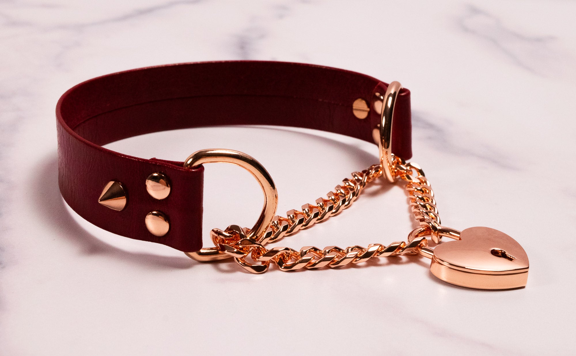 13" Rose Gold & Cherry Leather Heart Locking Martingale Collar _ LIMITED _
