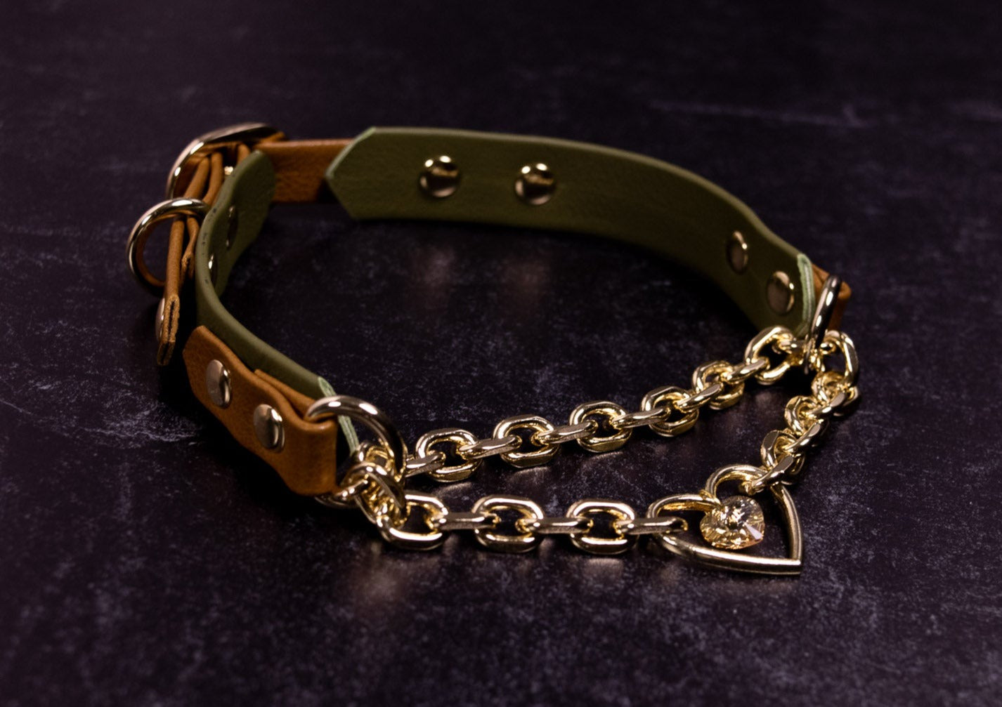 12.5" - 14.5" Tan & Olive Leather Martingale Collar _ LIMITED _