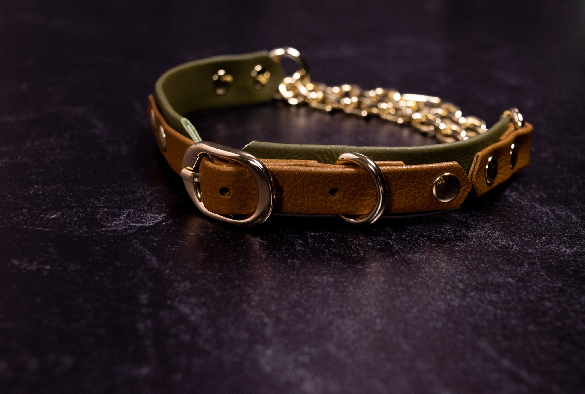 12.5" - 14.5" Tan & Olive Leather Martingale Collar _ LIMITED _