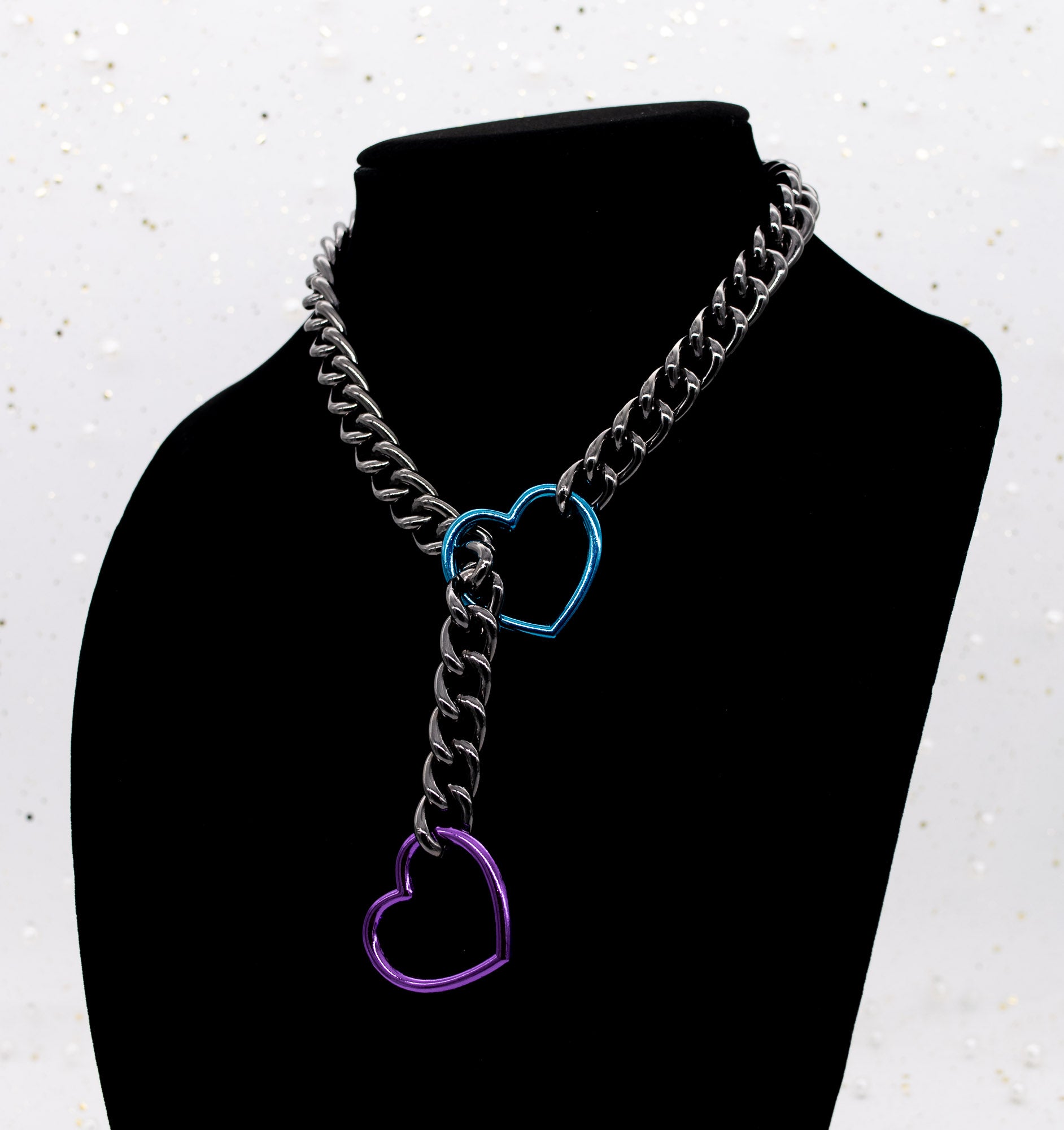Gunmetal Chain Purple and Blue Heart Slip Chain Collar