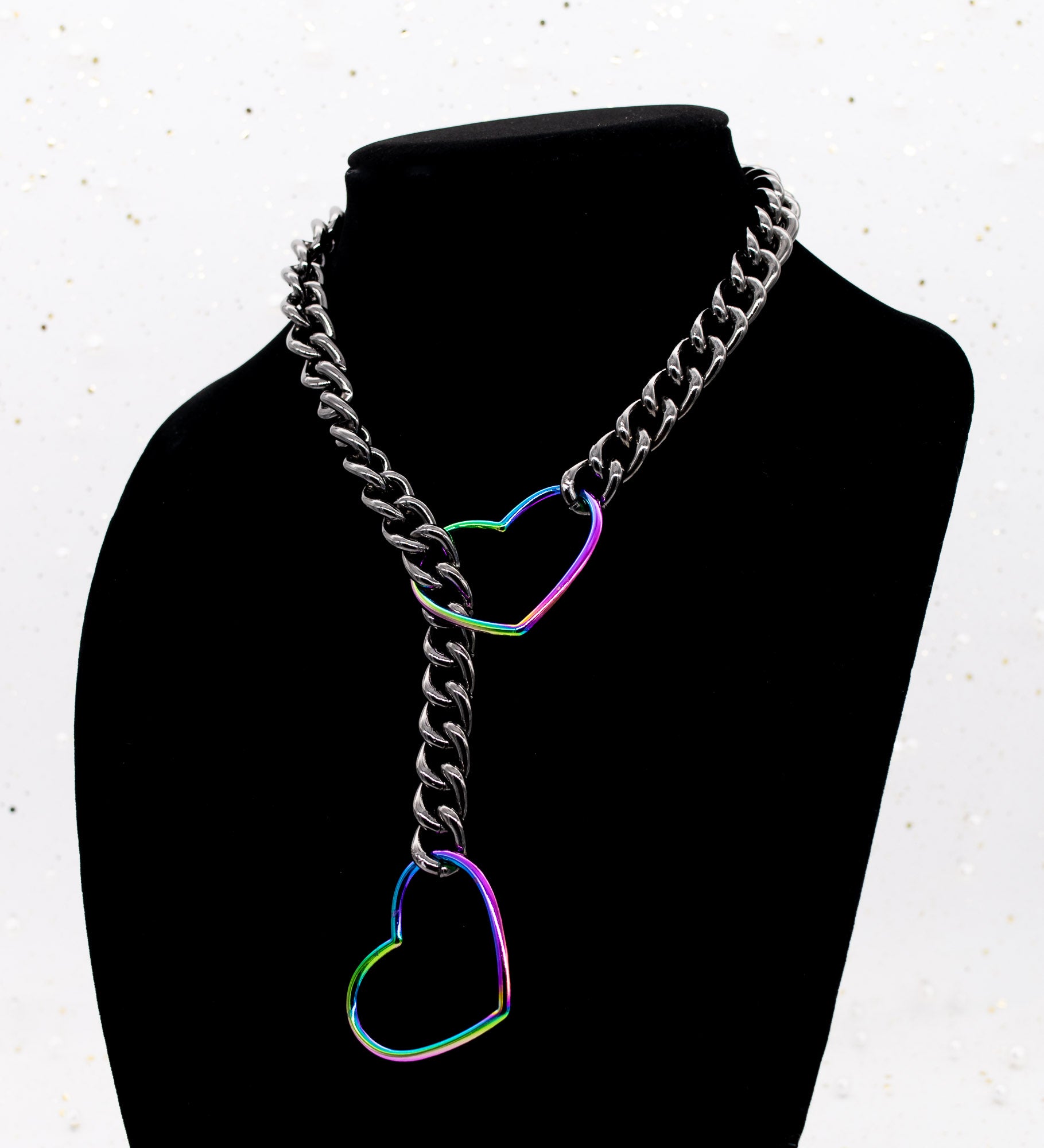 Gunmetal Chain Large Rainbow Heart Slip Chain Collar