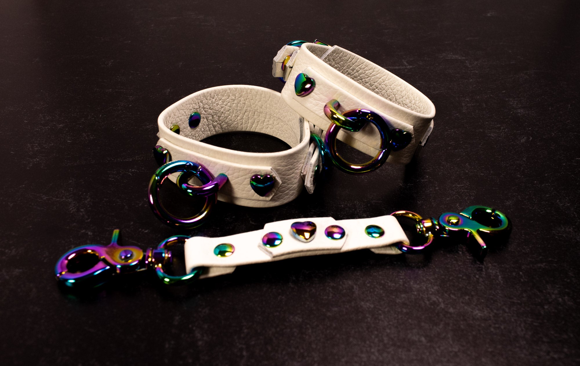 6" - 8.5" Rainbow & White Leather Cuffs & Connector Set _ LIMITED _