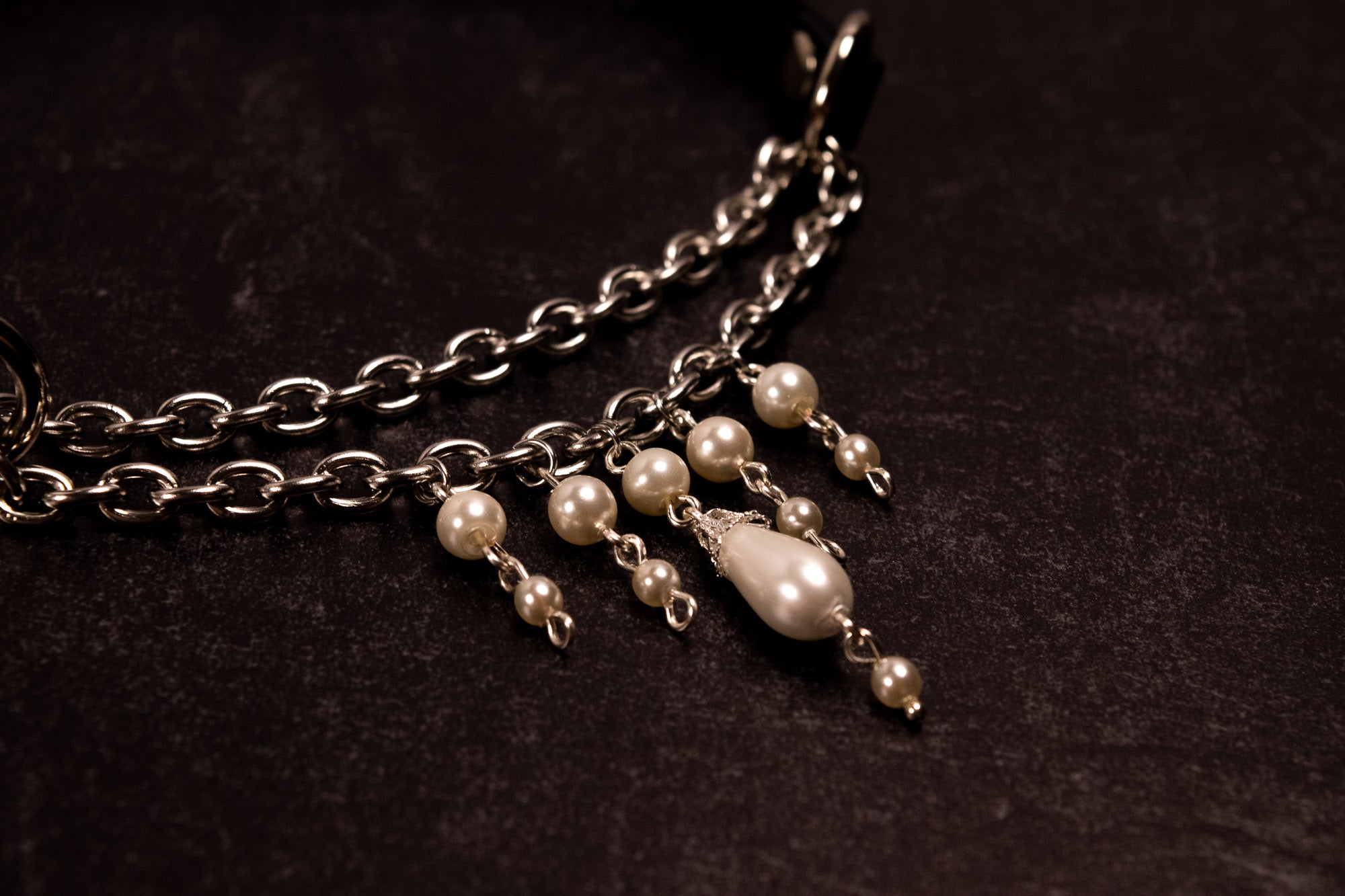 Black Leather Pearl Martingale Collar in Silver _ LIMITED _