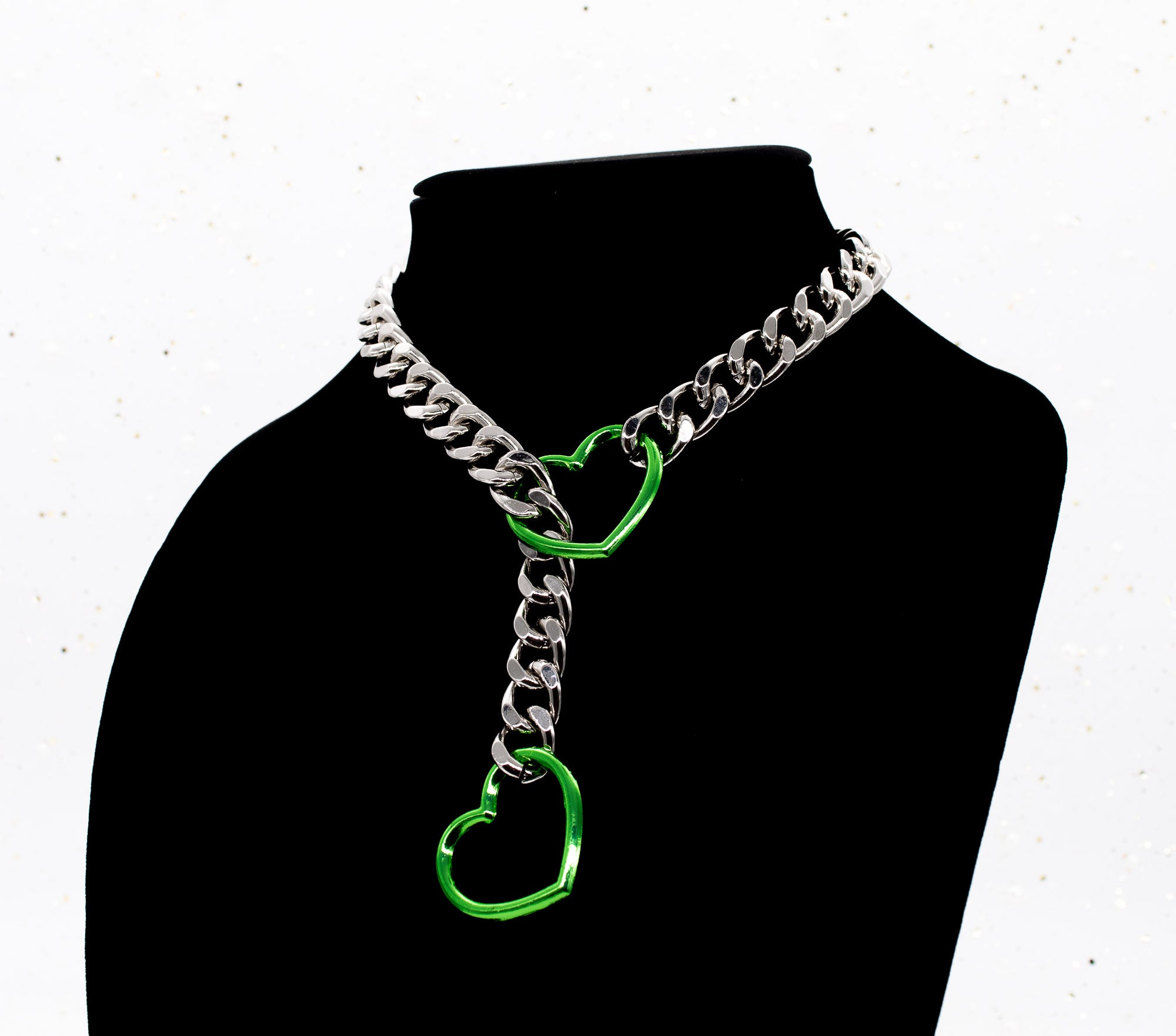 Silver and Green Heart Slip Chain Collar
