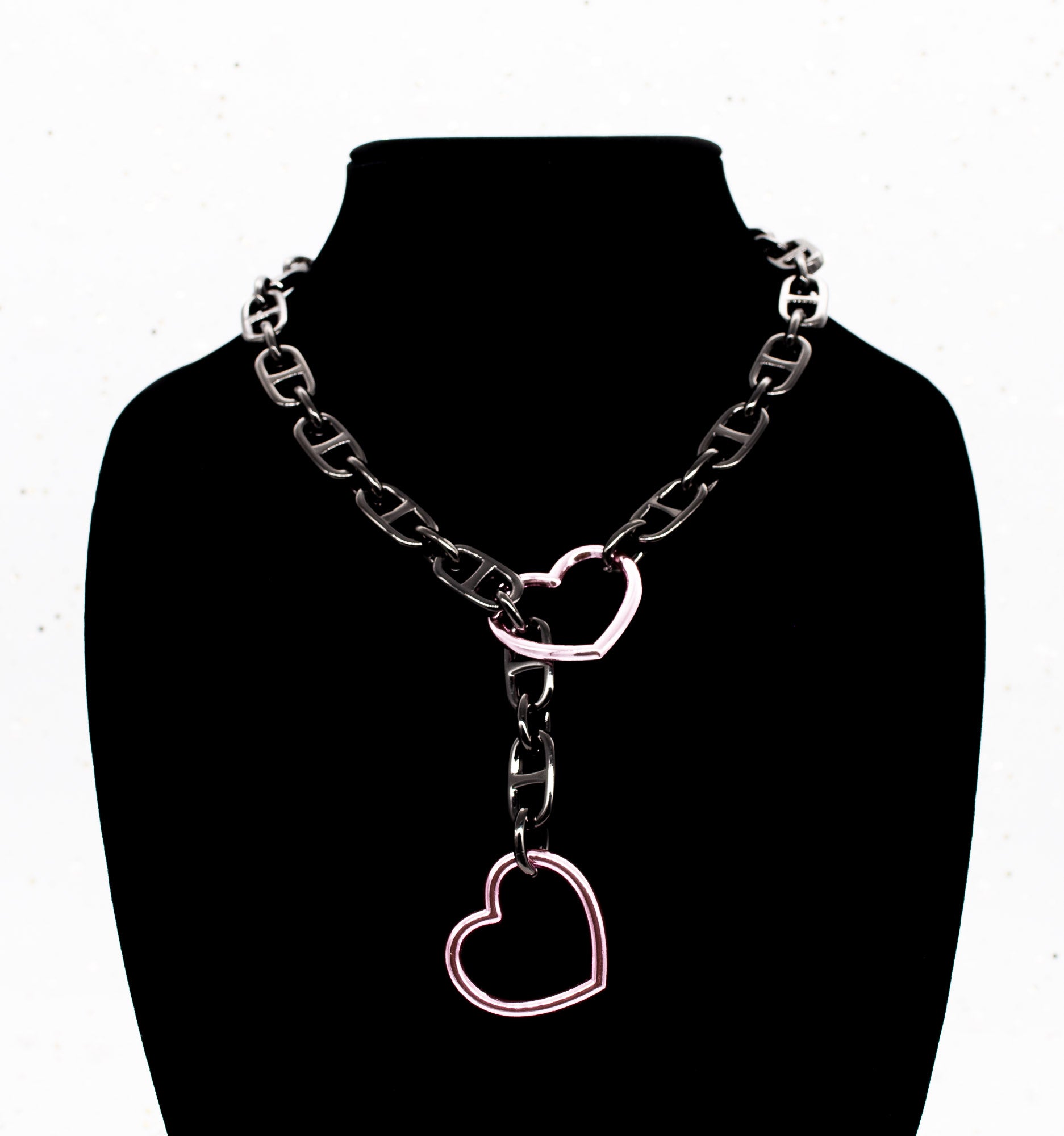 Chunky Gunmetal & Pink Heart Slip Chain Collar