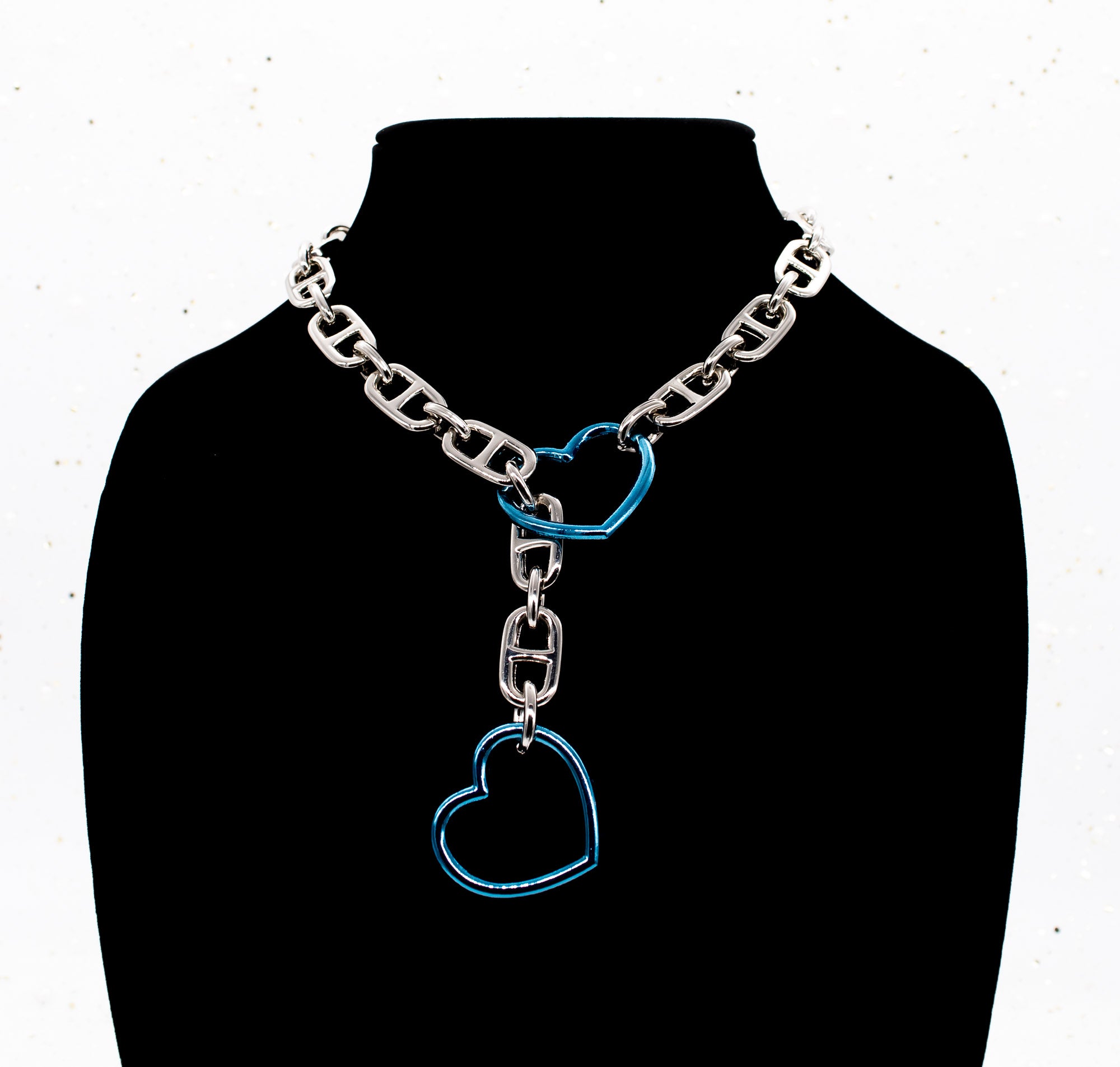 Chunky Silver & Blue Heart Slip Chain Collar