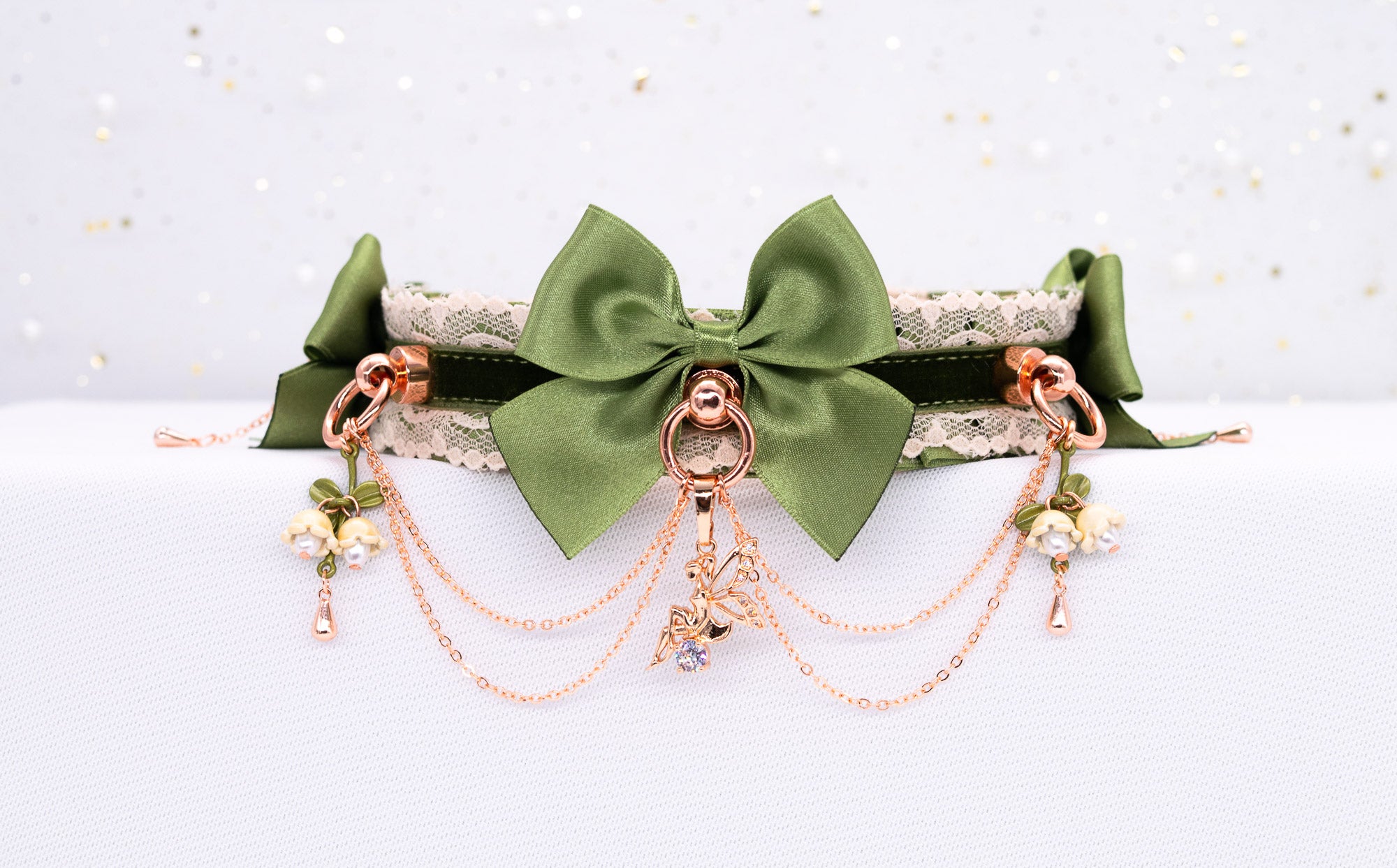 Woodland Fairy Sage Green Velvet and Rose Gold BDSM Collar