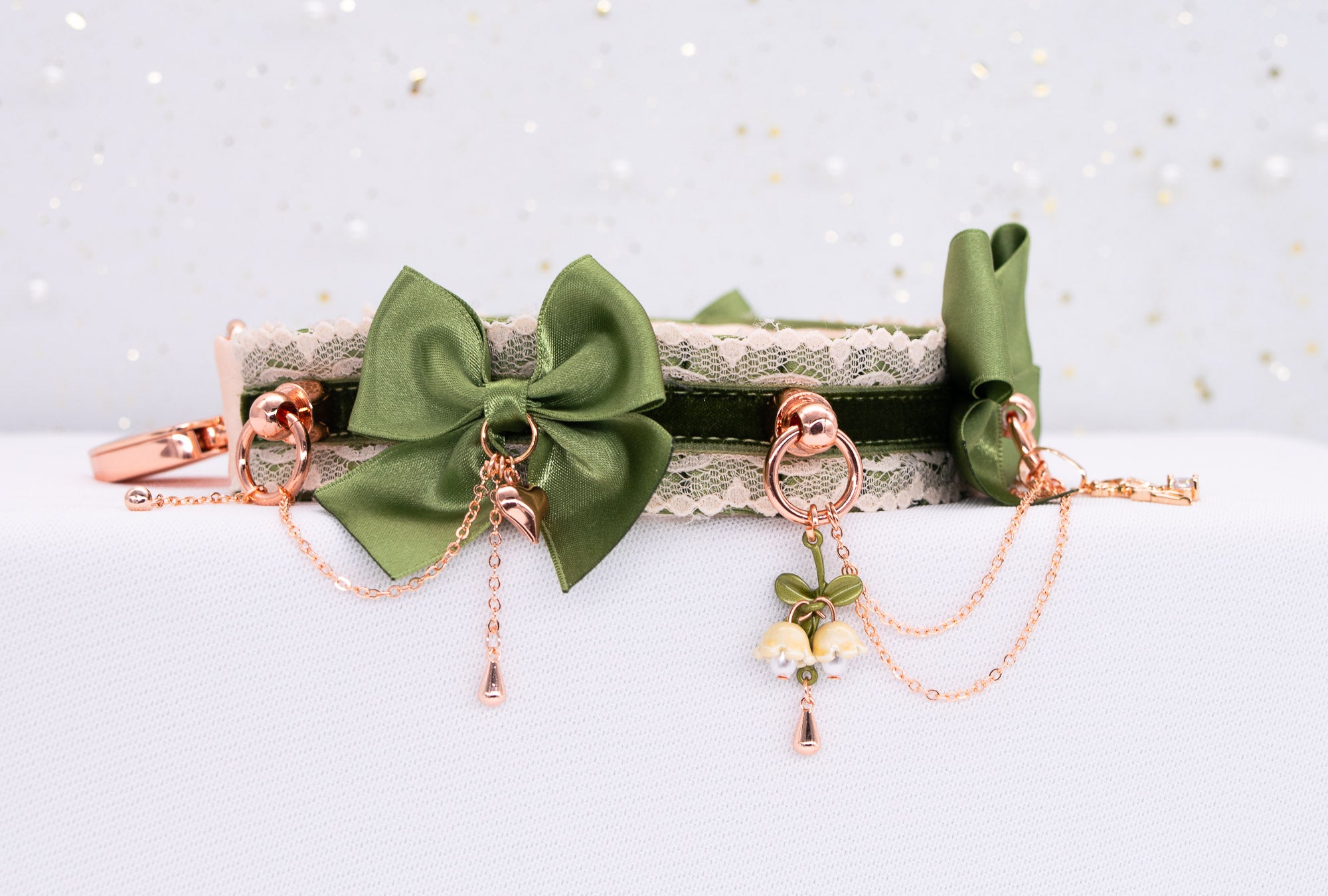 Woodland Fairy Sage Green Velvet and Rose Gold BDSM Collar