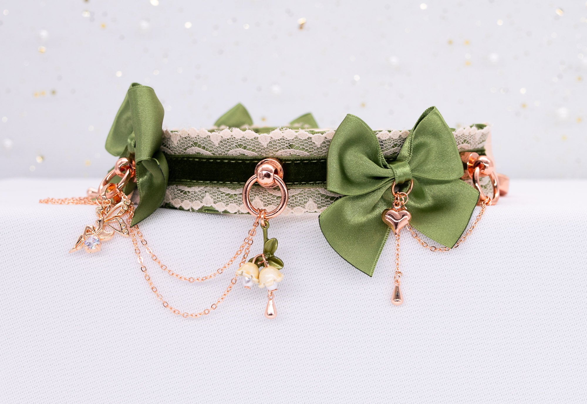 Woodland Fairy Sage Green Velvet and Rose Gold BDSM Collar
