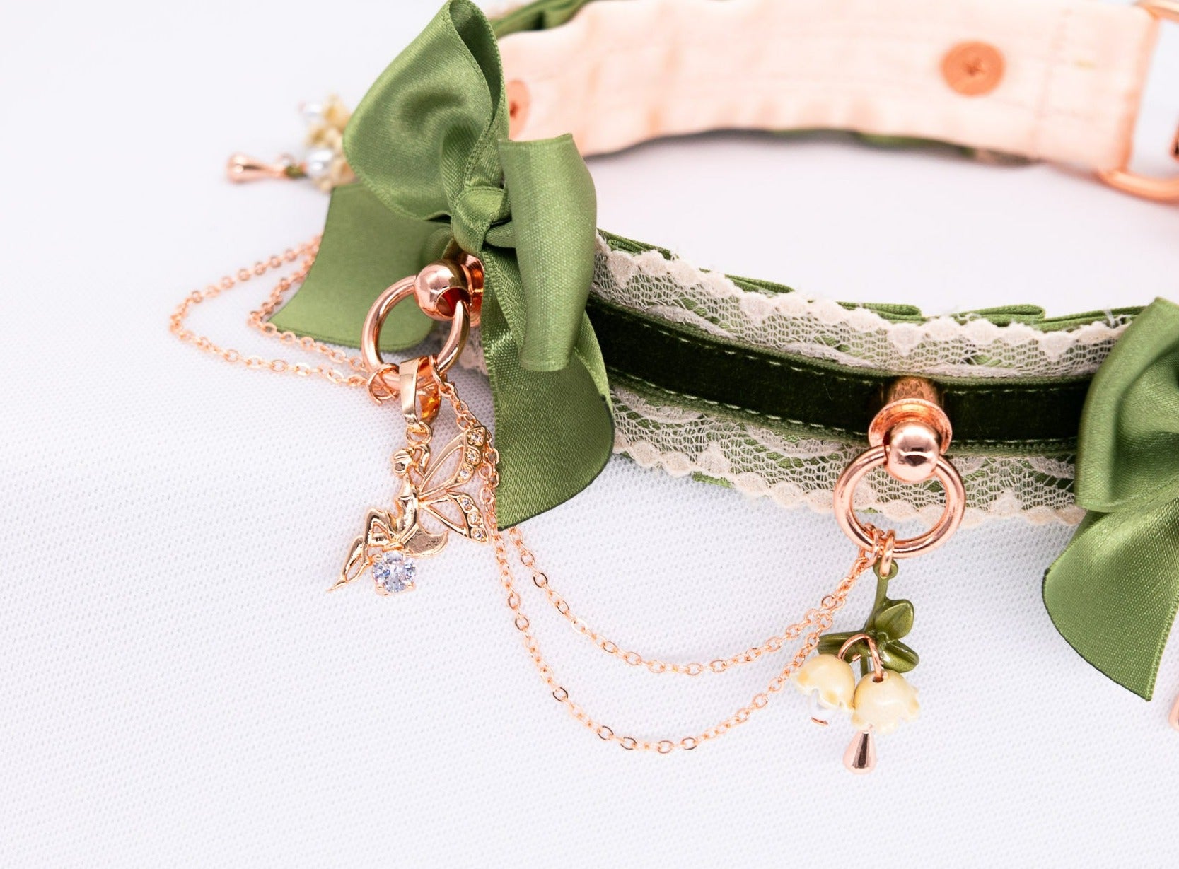 Woodland Fairy Sage Green Velvet and Rose Gold BDSM Collar