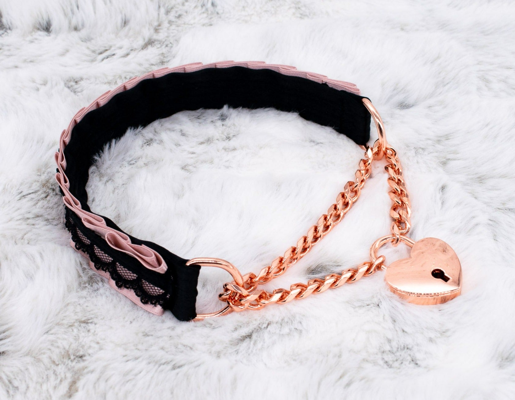Dusty Rose and Black Lace Front-Locking Martingale BDSM Collar in Rose Gold