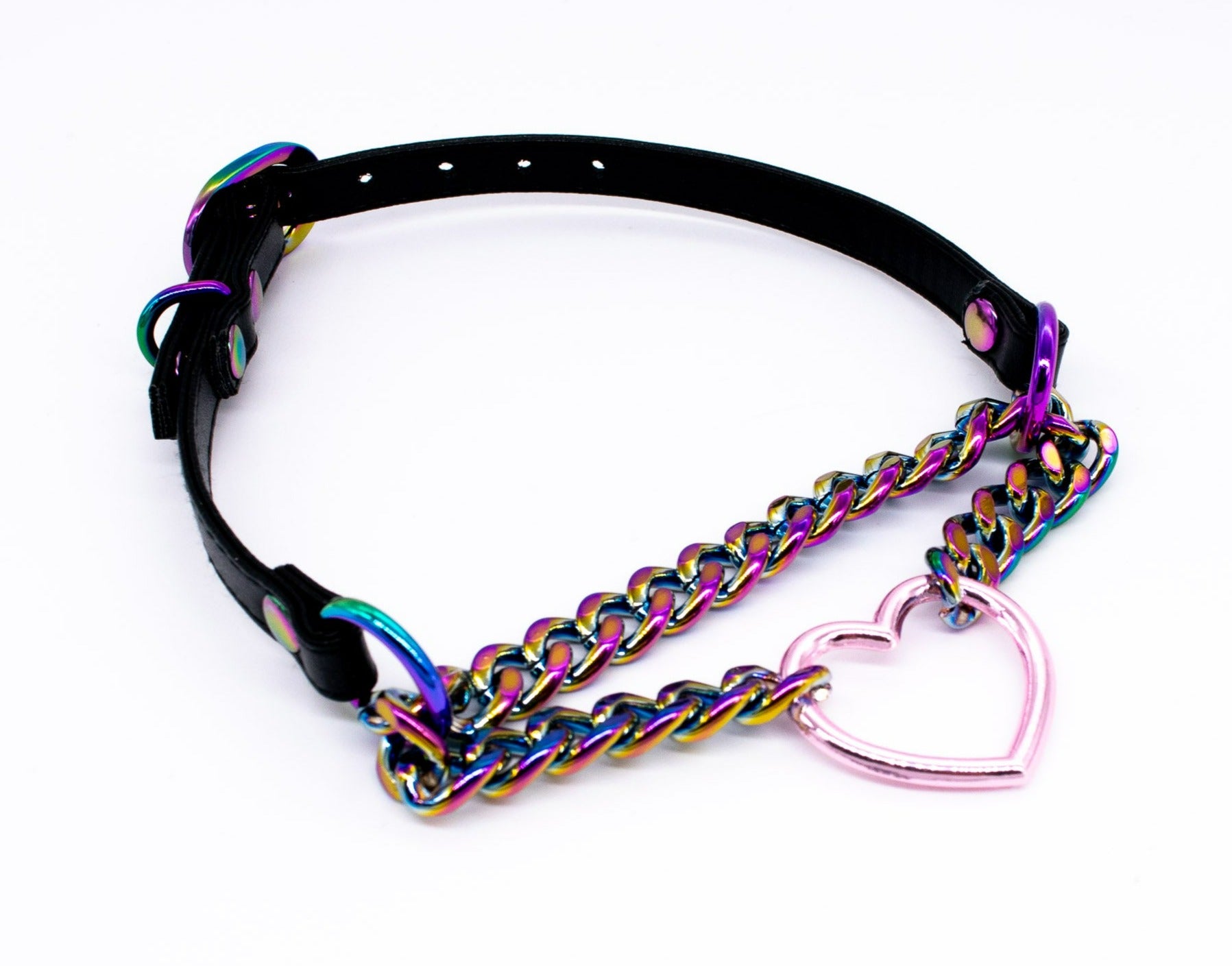 3/8" Pink Heart Ring Black Vegan Leather Martingale Collar in Rainbow