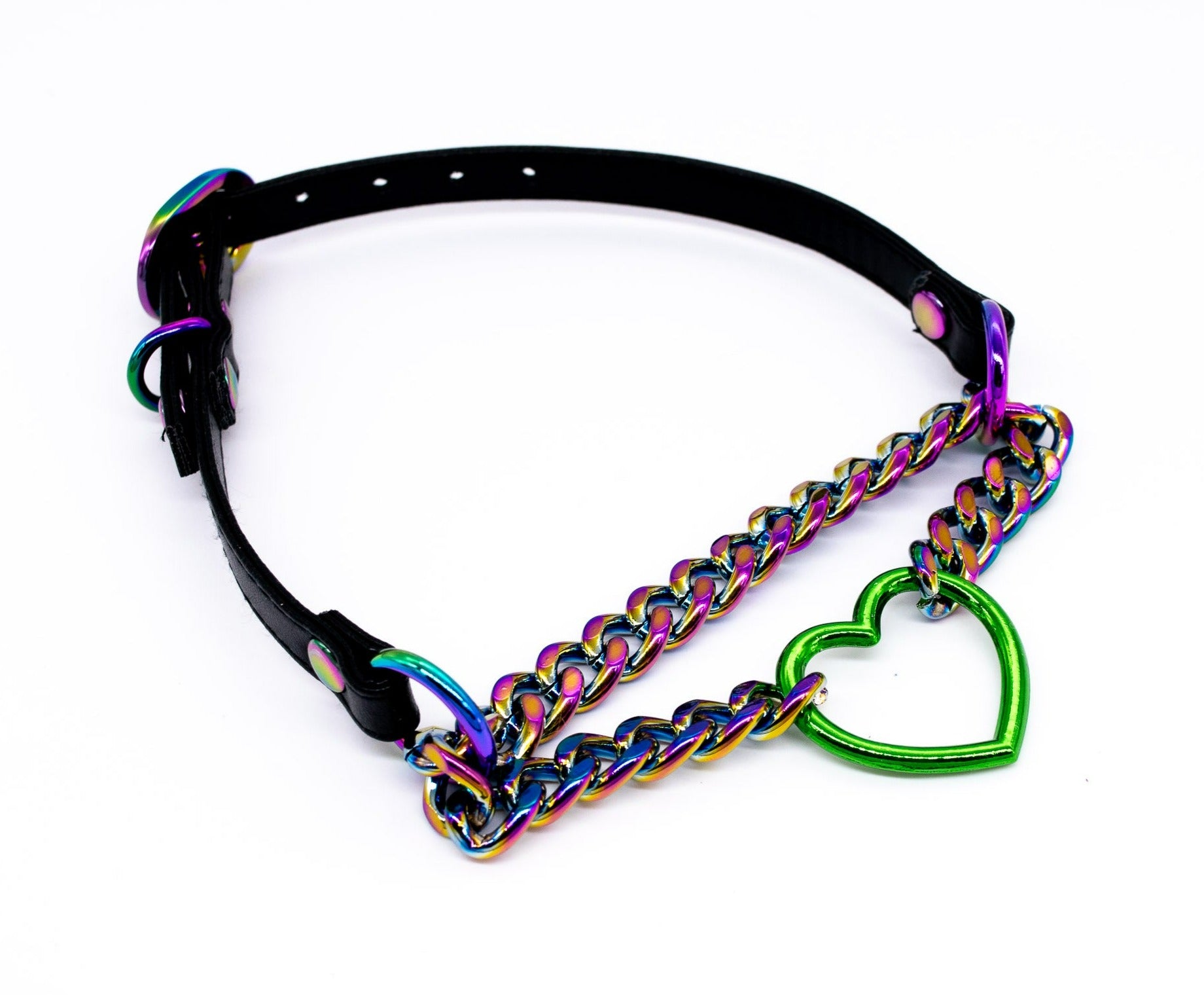 3/8" Green Heart Ring Black Vegan Leather Martingale Collar in Rainbow