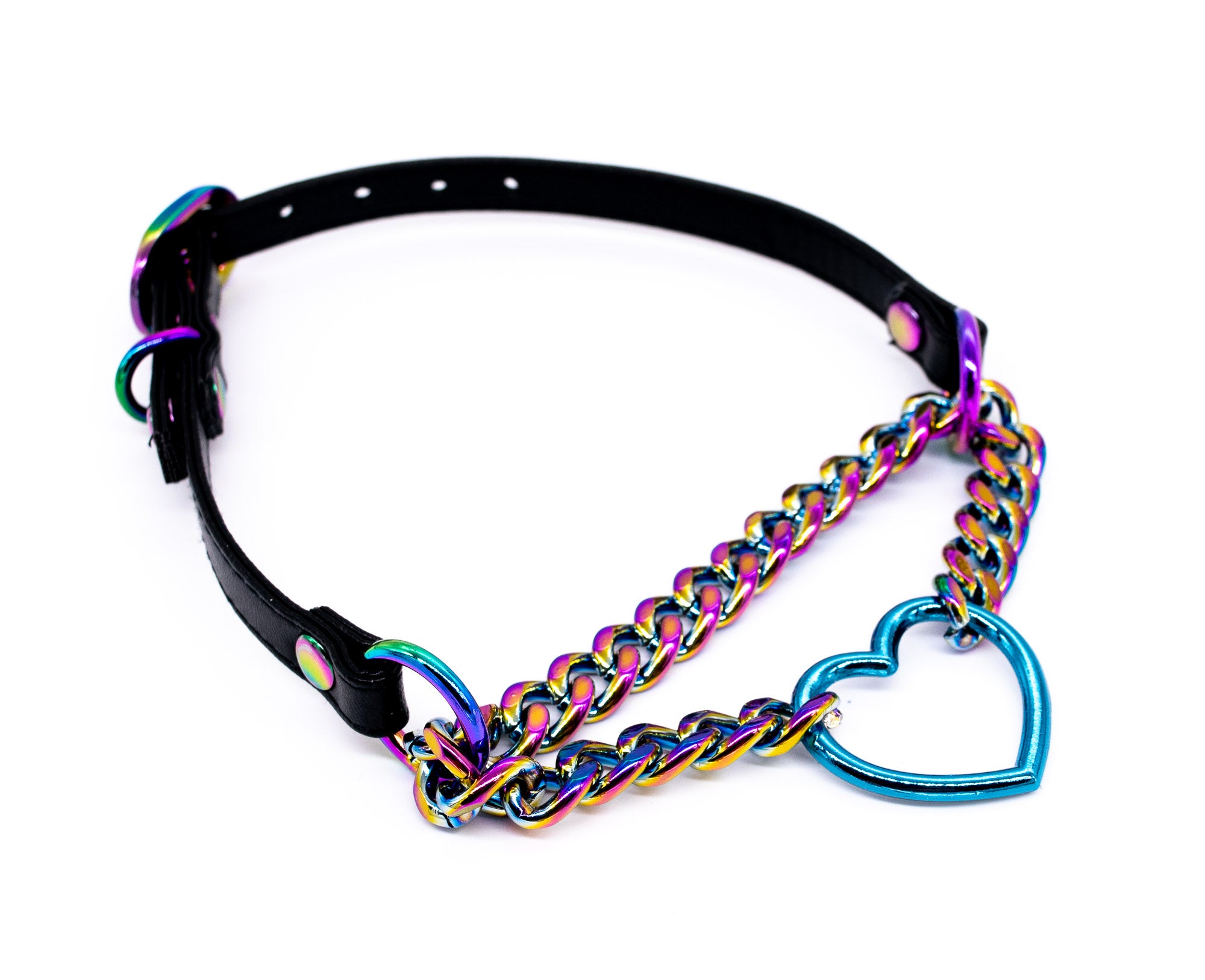 3/8" Blue Heart Ring Black Vegan Leather Martingale Collar in Rainbow