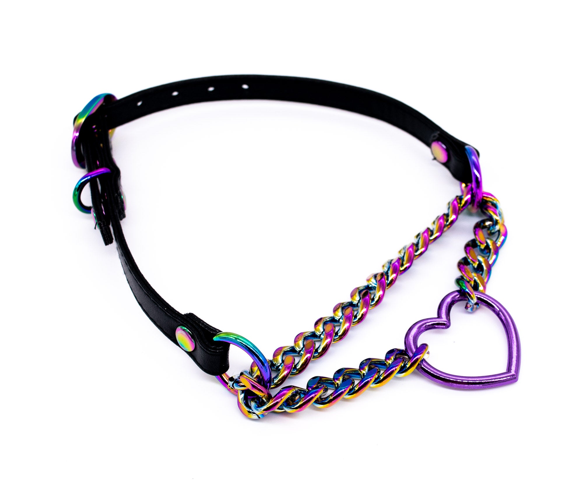 3/8" Purple Heart Ring Black Vegan Leather Martingale Collar in Rainbow